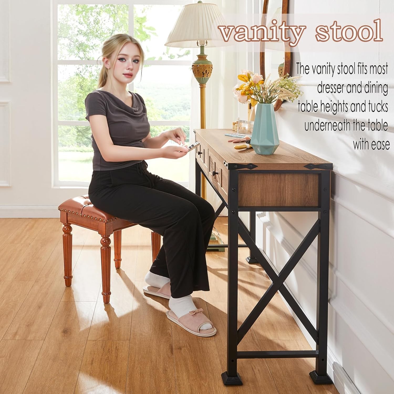 Microfiber Leather Vanity Stool for 13.8″D x 16″W x 18.5″H, Chestnut Brown