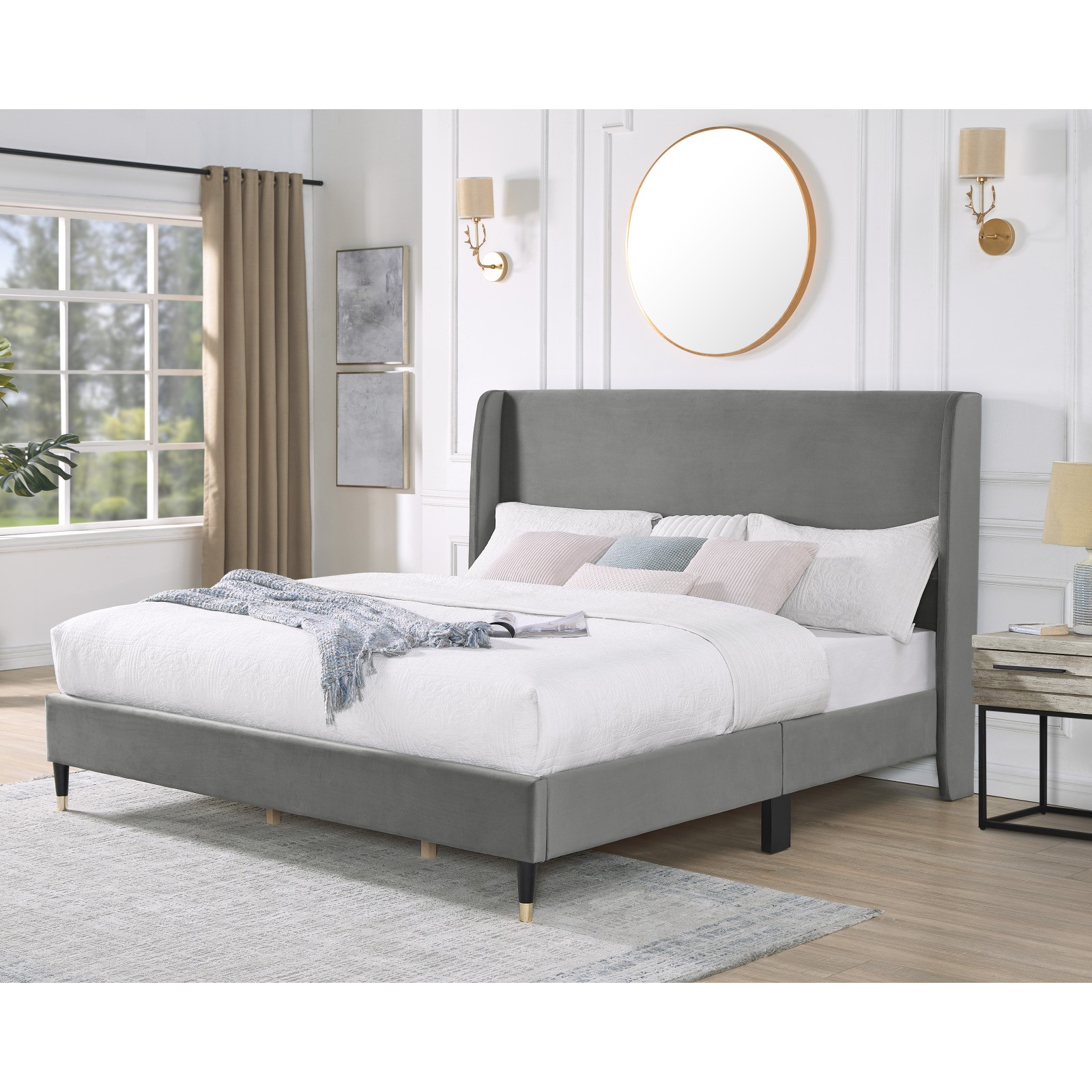 Gray Velvet Wingback Platform Bed King 82″W x 86″D x 51.5″H