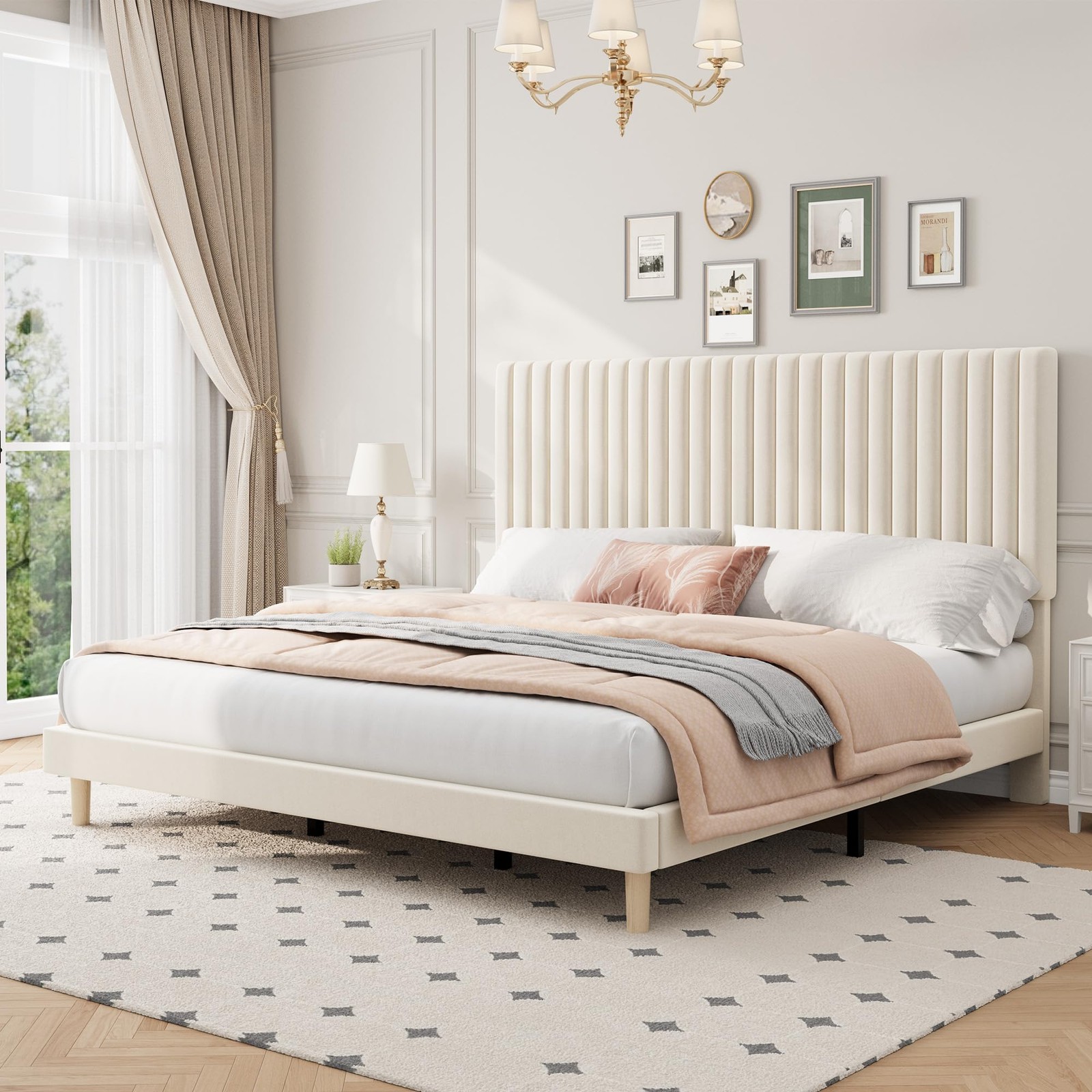 Bed Frame with Adjustable Headboard, Upholstered Platform King Size Bed Frame