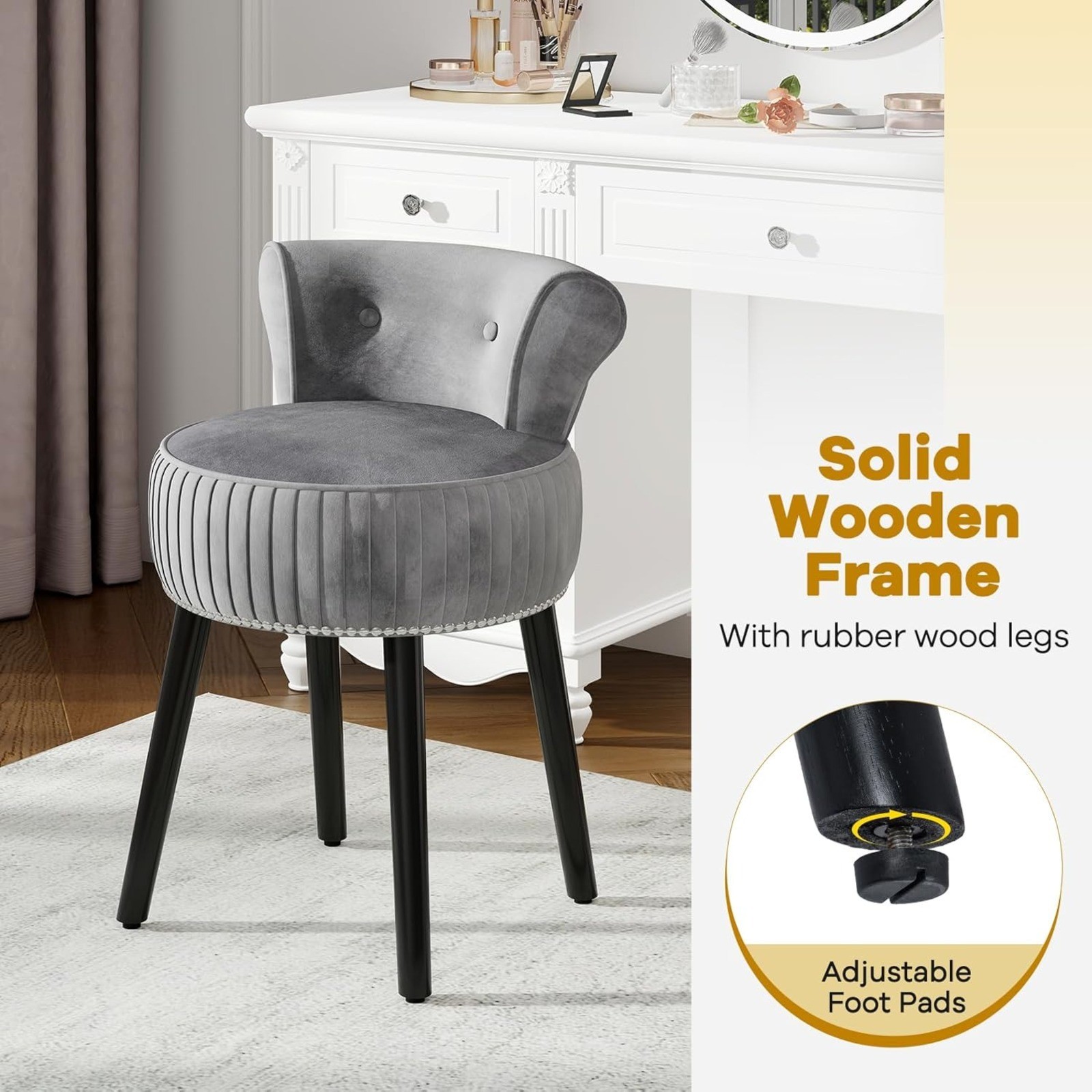 Tufted velvet makeup stool with wood legs, stylish for bedroom vanity