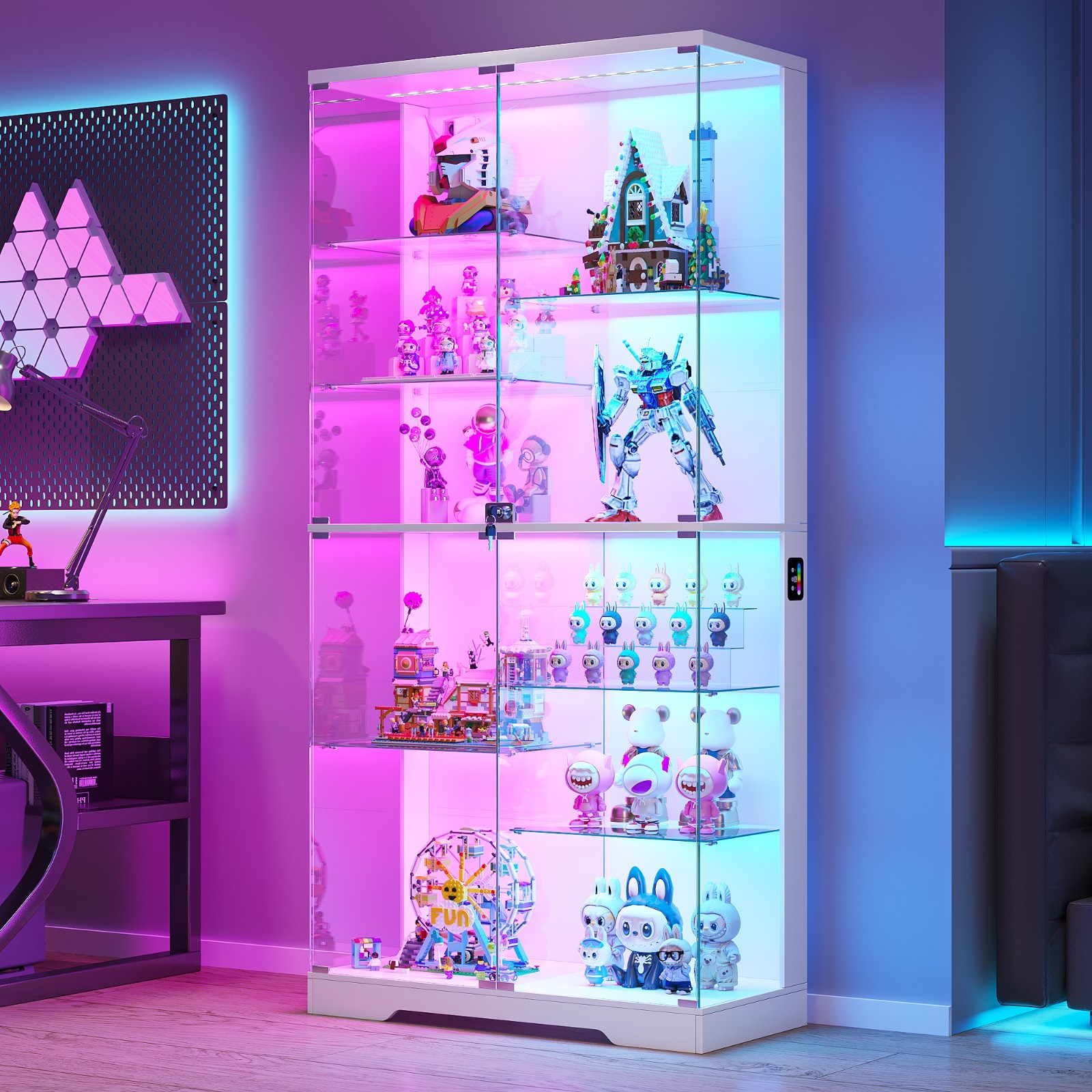 Lighted Display Cabinet with Glass Doors, 10-Tier Display Cases with RGB Lights