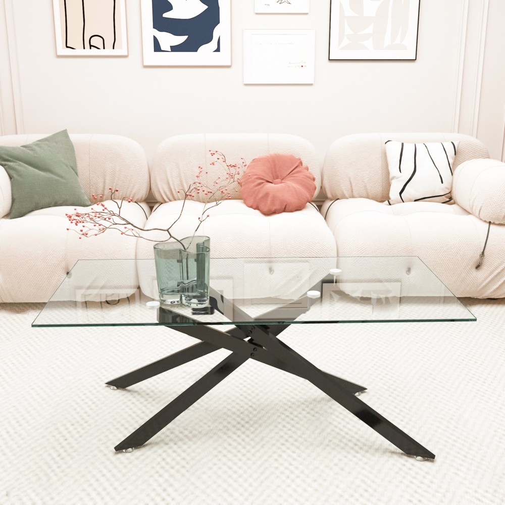 39.37″ Rectangular Clear Tempered Glass Coffee Table,Stylish Design with Black