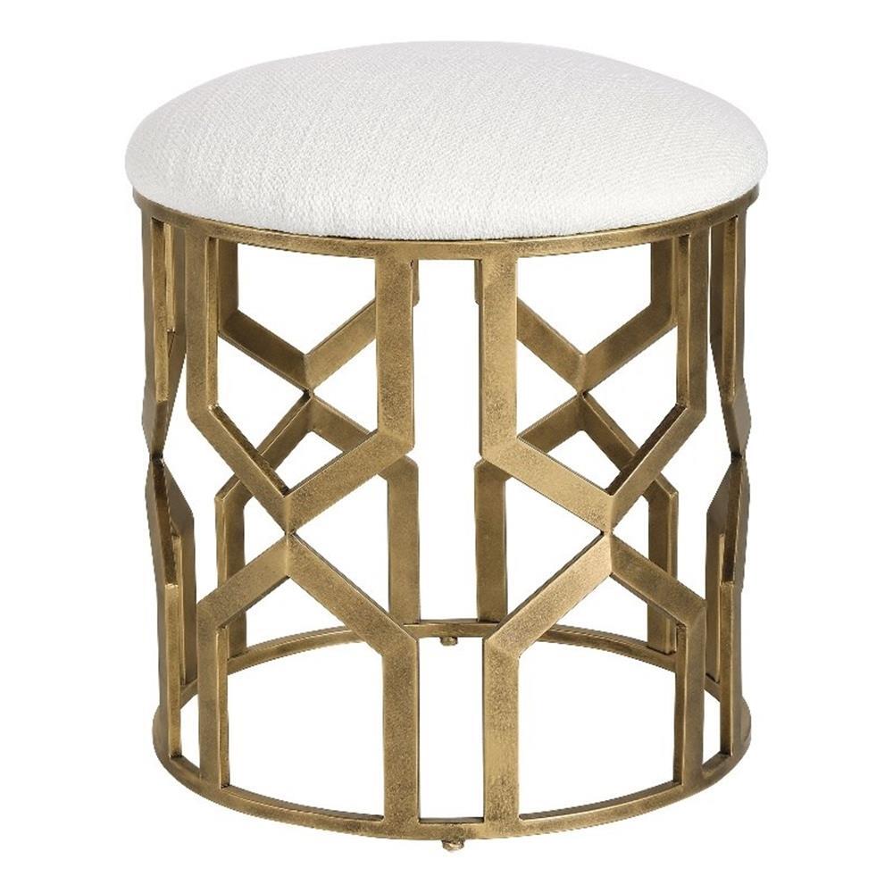 Uttermost Trellis Contemporary Iron MDF and Fabric Accent Stool in Brass/White