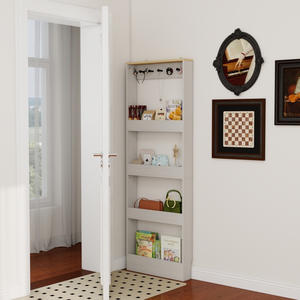 Behind The Door 69″ Tall Bookcase with 4 Shelves and 5 hooks,Space-Saving Narrow