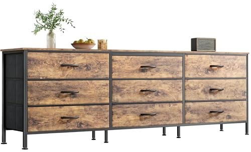 9 Drawer Rustic Brown 63” Chest of Drawers – Stylish TV Stand for 70 Inch TV