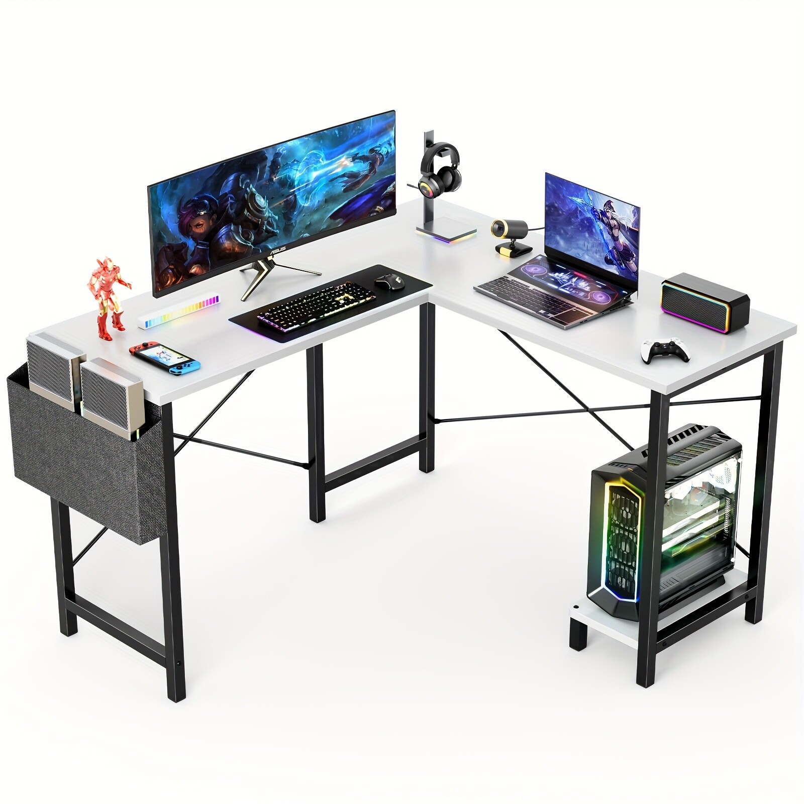 49 Inch L Shaped Computer Desk – Computer Workstations Wooden Desktop,Side Bag