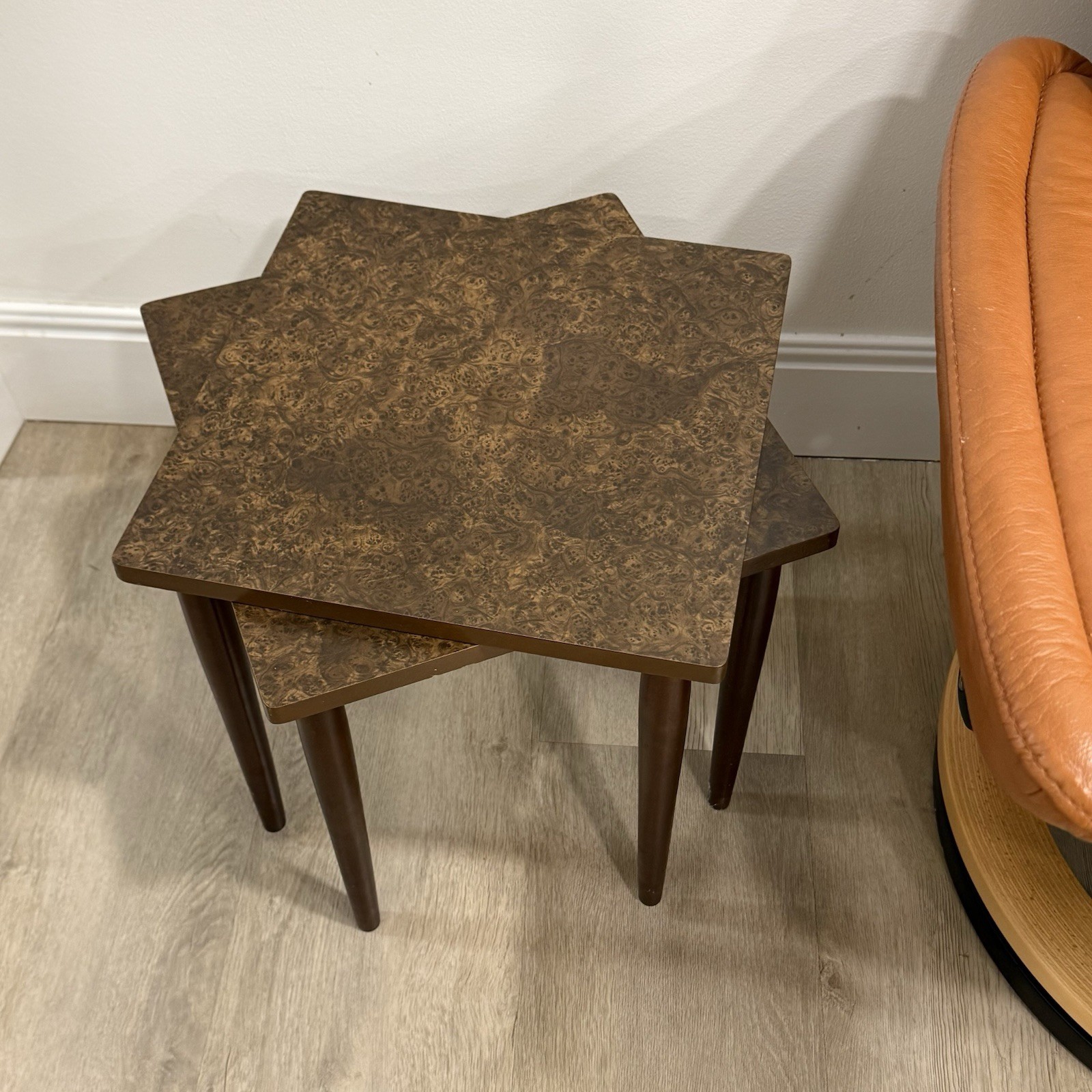 Vintage MCM Burl Wood Nesting Tables Mid Century Modern Laminate Square Set Of 2