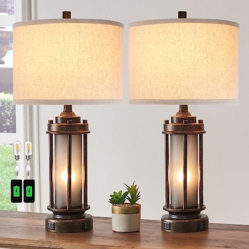 Set of 2 Farmhouse Lamps for Living Room, Rustic Vintage Bedroom Bronze