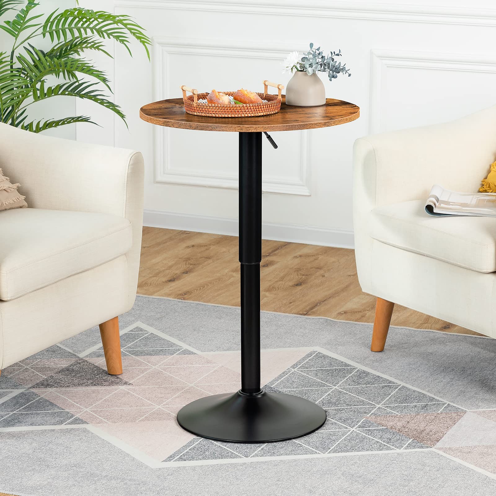 Bar Table, Height-Adjustable Round Pub Table 27-35.4 Inches with Sturdy Base,…