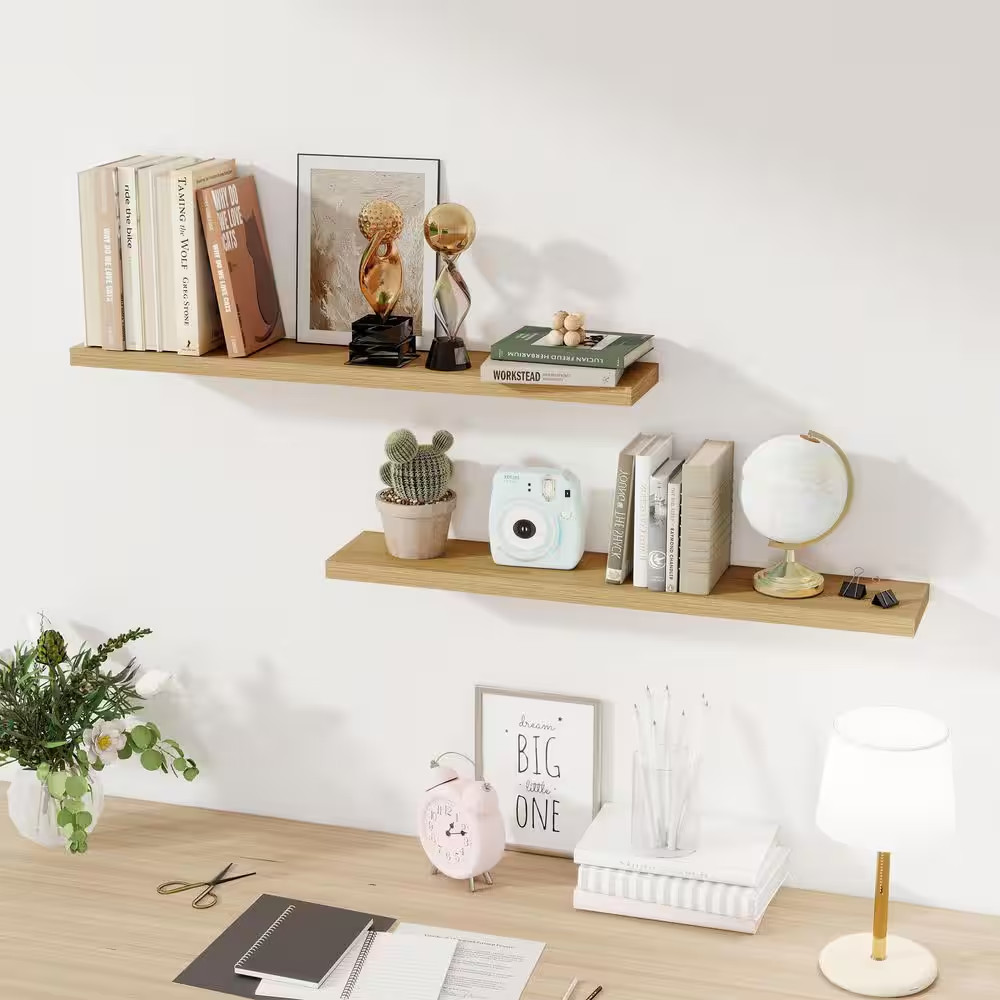 36 In. W X 6.5 In. D Oak Wall Mounted Floating Shelves with Invisible Brackets,