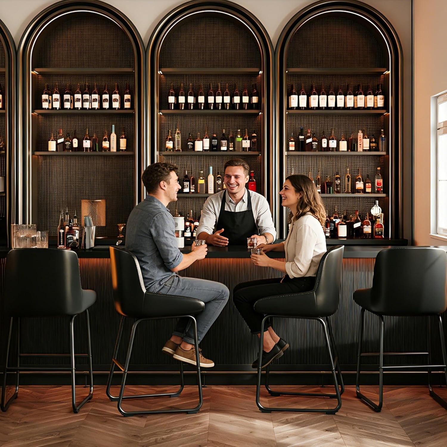 Counter Height Bar Stools Set of 3, PU Leather Barstools with Back and Footrest