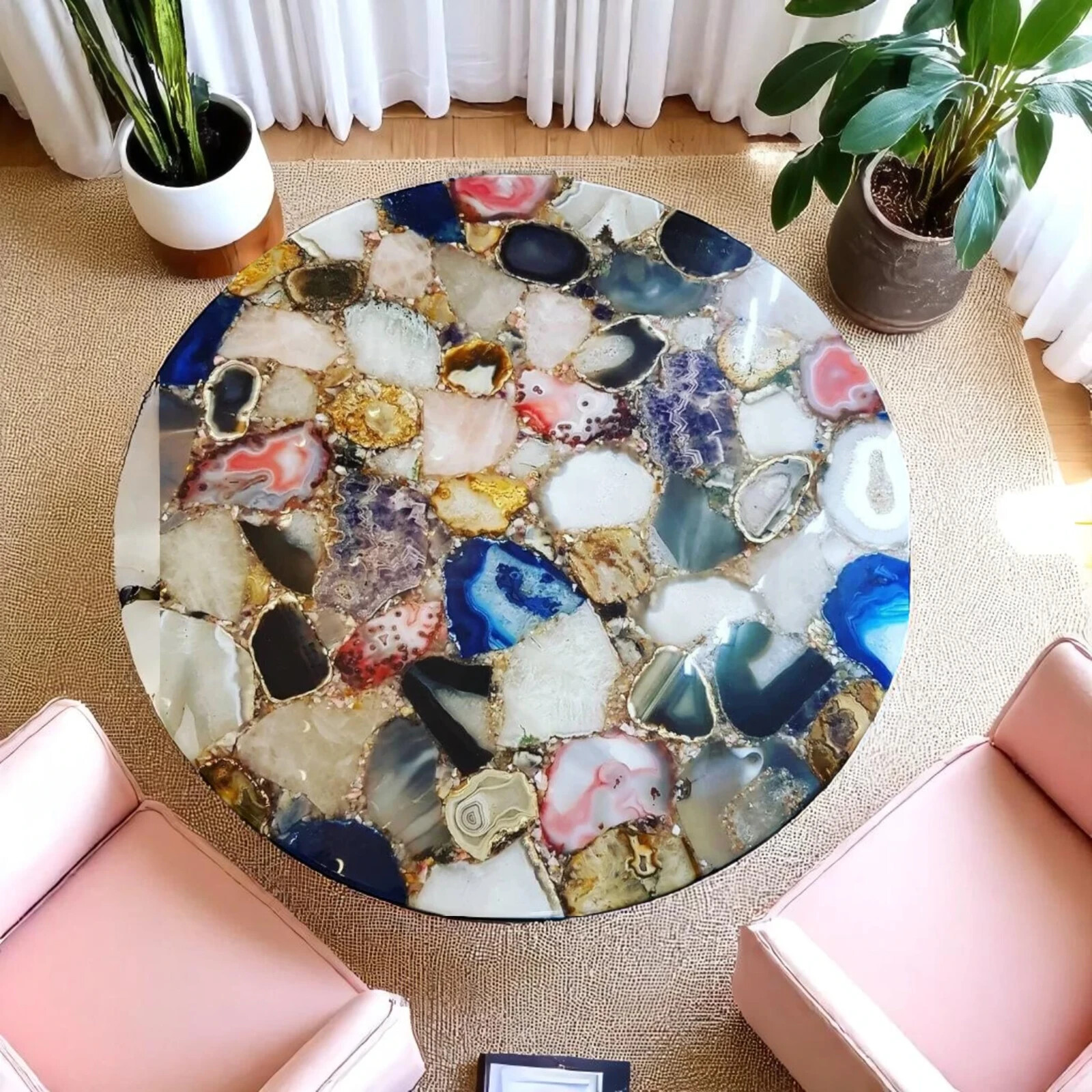 Mix Agate Stone Round Coffee Table Modern Handmade Arts Luxury Home & Garden Top