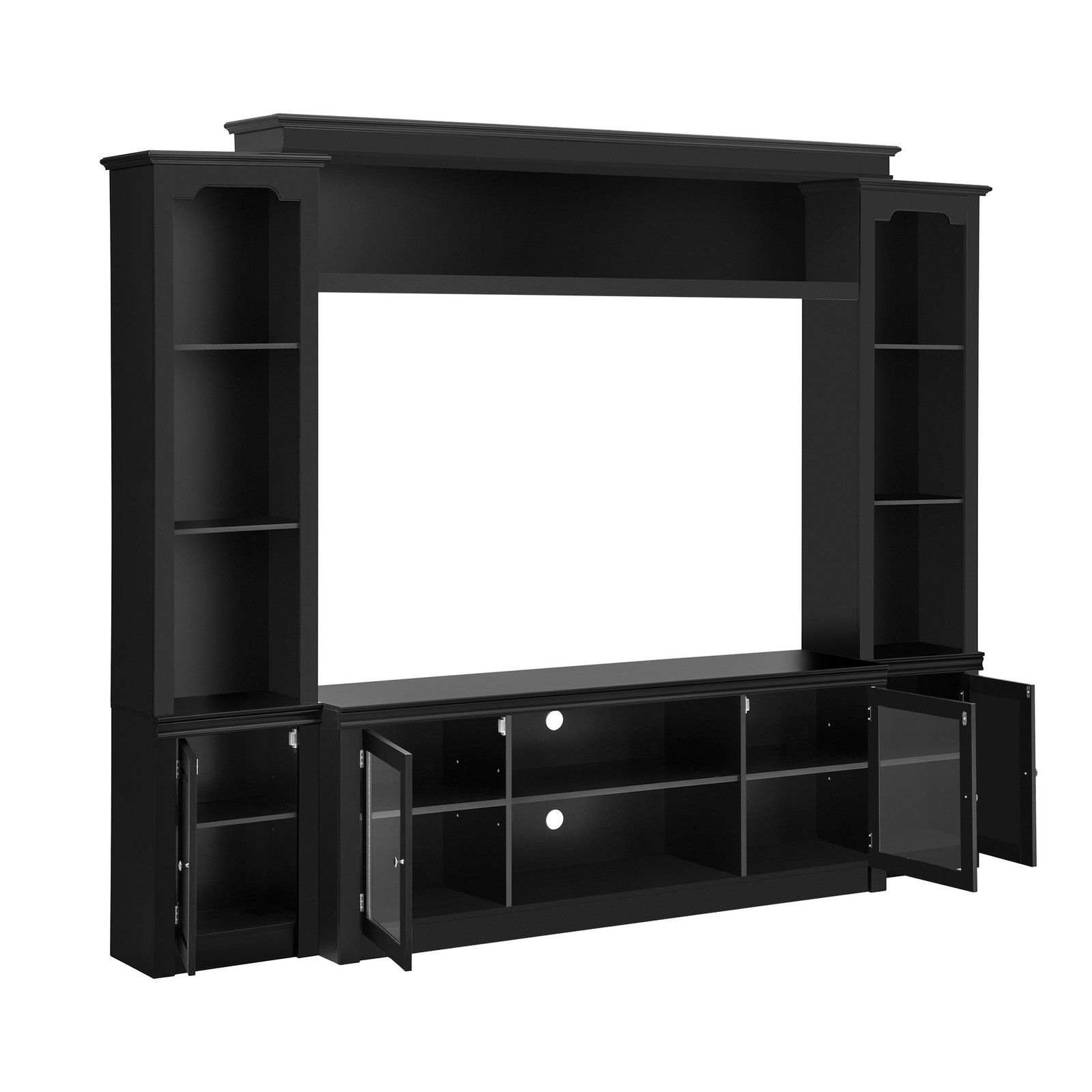 Modern TV Stand with Bookcase for TVs Up to 65″, 4 Shelves, Glass Doors