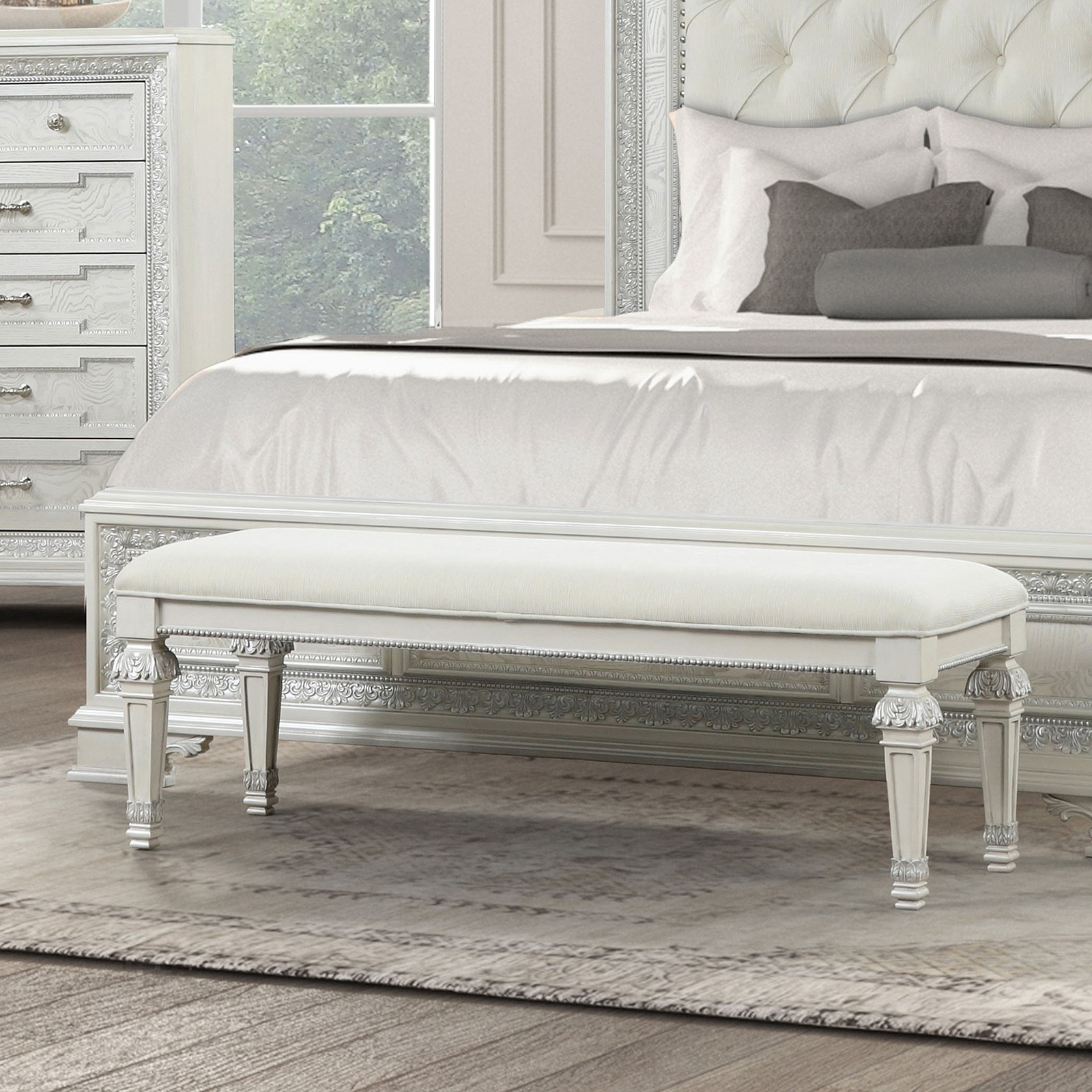 Metal Silver Finish Traditional Bench Ornate Knobs Diamond Tufted Cream