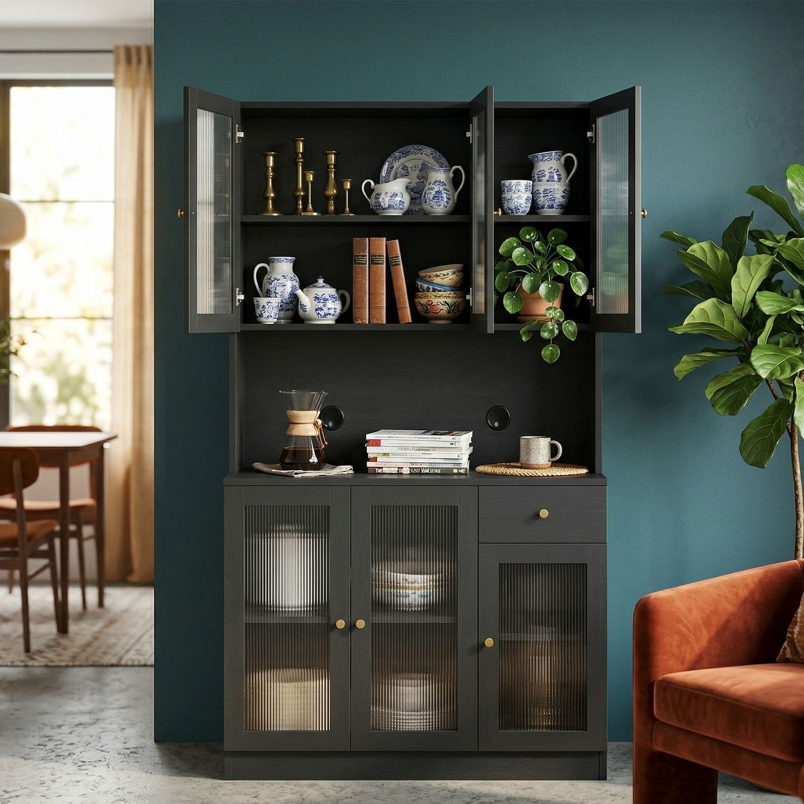 70.9Inch Black Tall Storage Cabinet Multi Compartment Reeded Glass Tall Cupboard