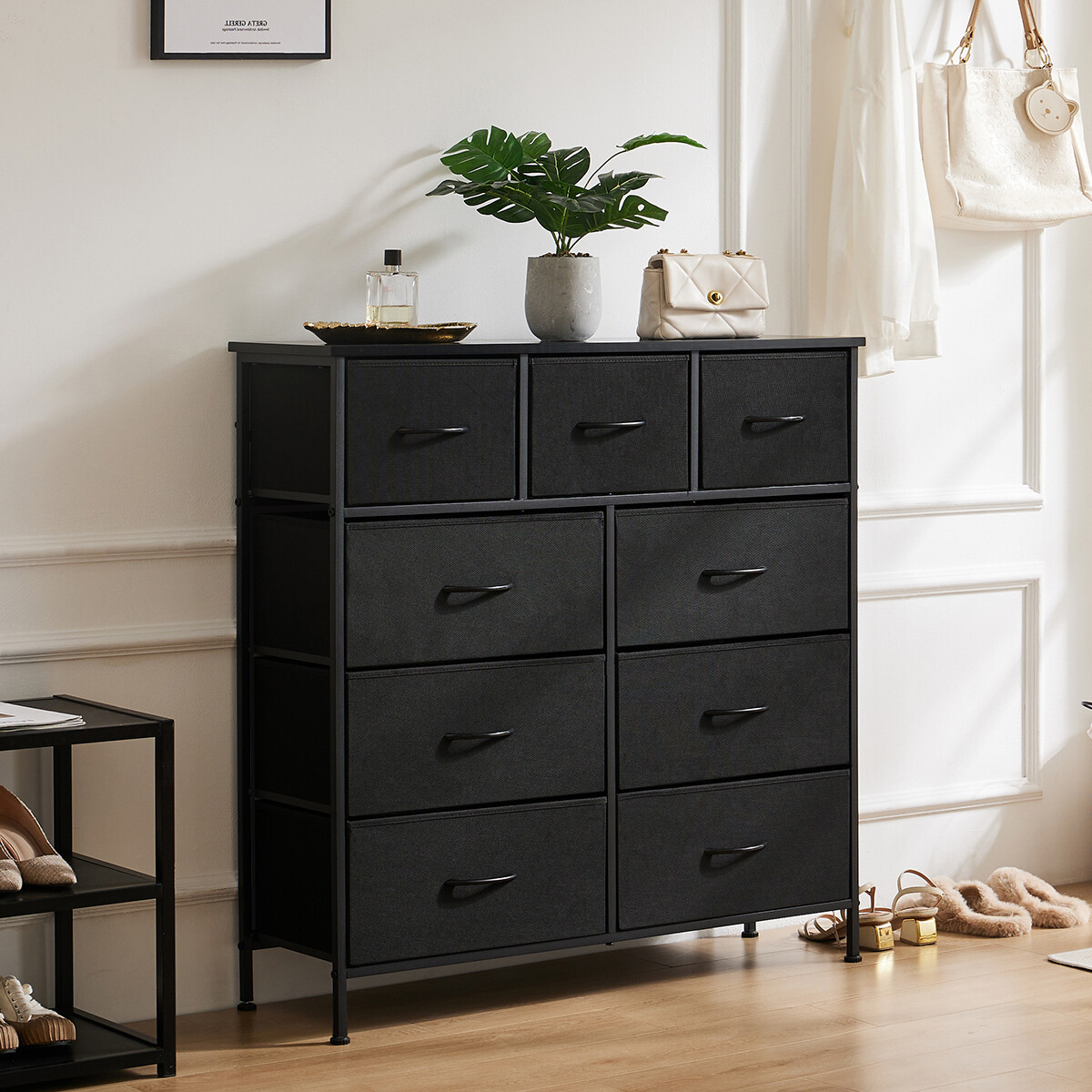 9-Drawer Dresser Bedroom Storage Chest Fabric Bins Metal Frame Wood Top