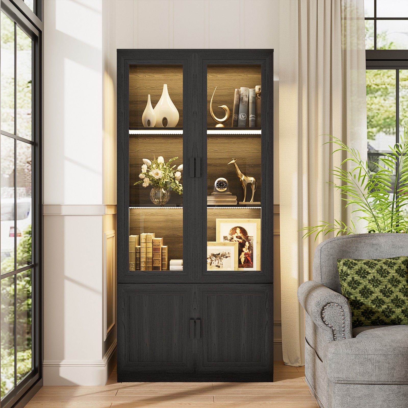 67″ Display Cabinet Case with 3-Color LED Ligths For Curio, Books, Collectibles