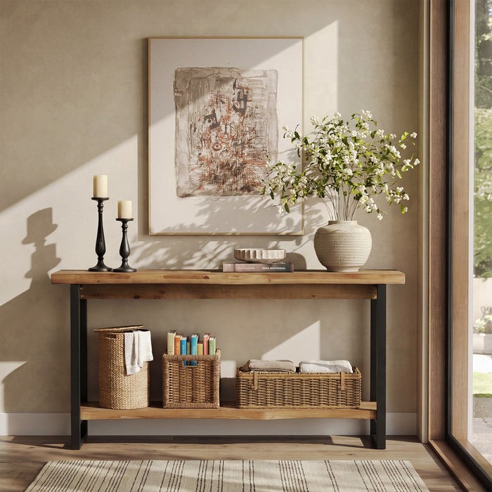 63″ Solid Wood Console Table Modern Long Narrow Entryway Table with Metal Legs