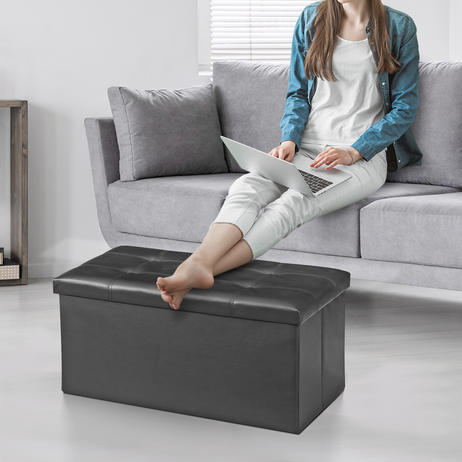 30 inches Folding Storage Ottoman 80L Storage Bench Faux Leather Support 350lbs