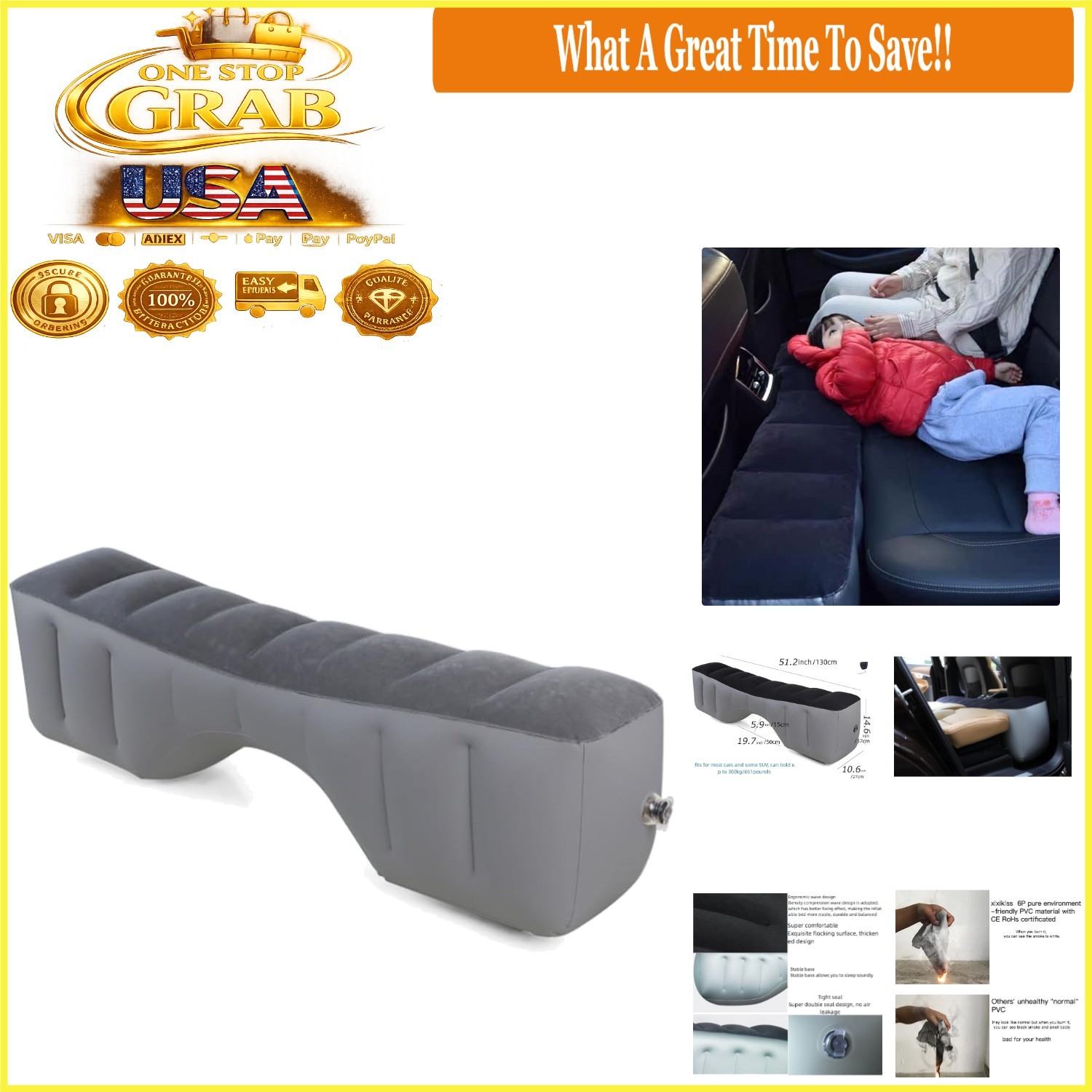 Portable Car Air Bed for SUV & Cars 661lb Cap Easy to Clean Grey