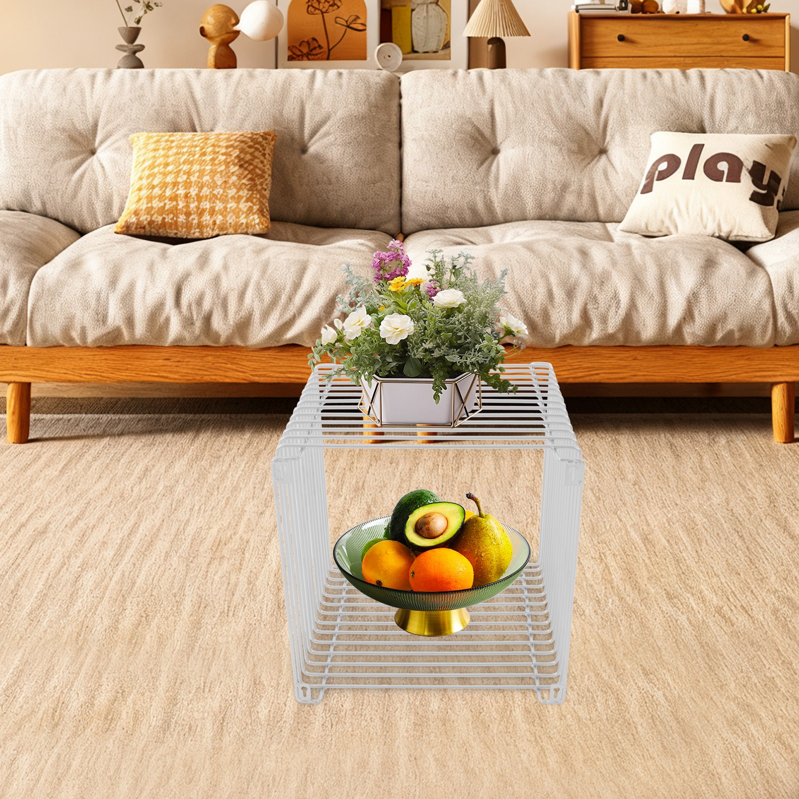 Square Side Table, Iron Multi-Purpose Side Table, Cage End Table Silver
