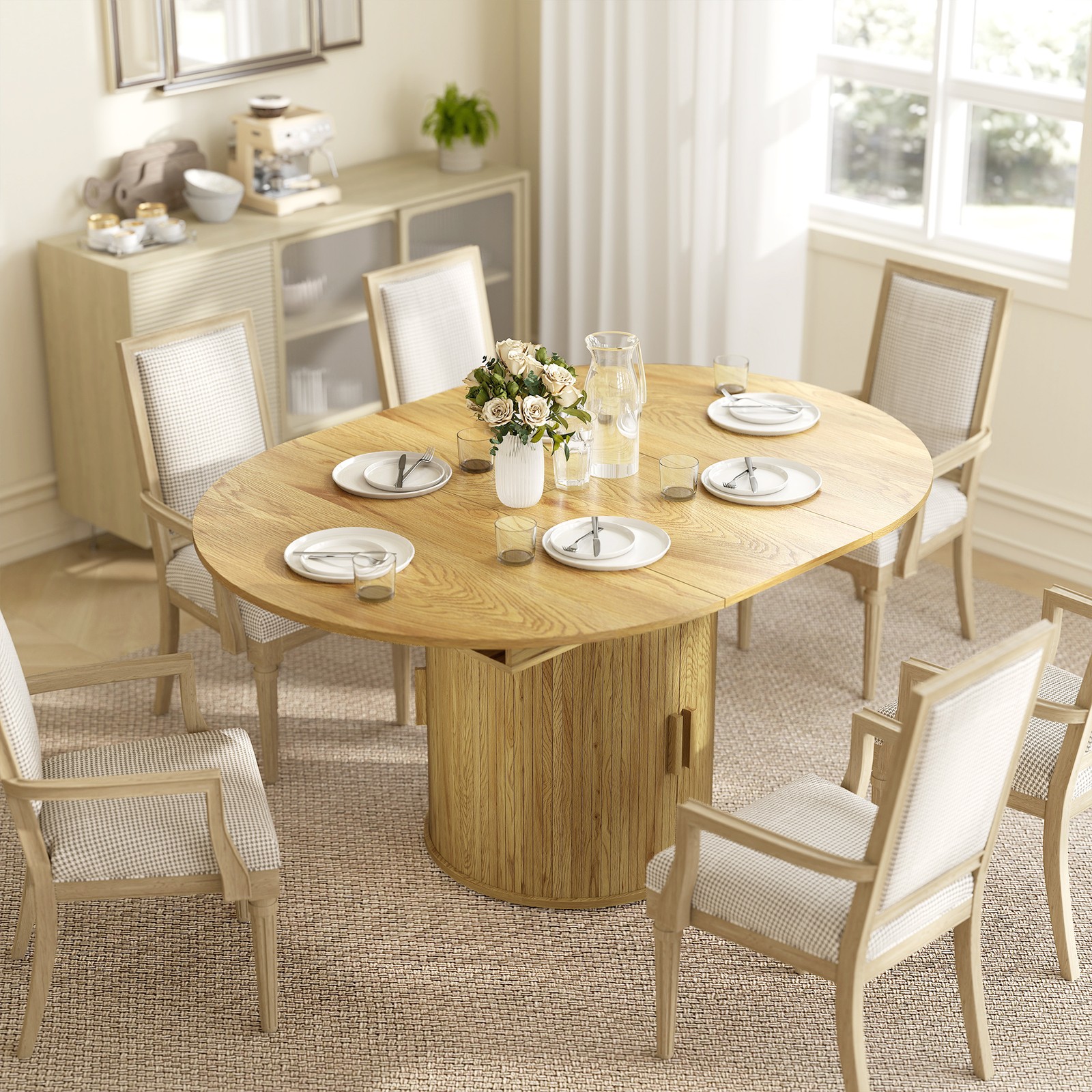 Extendable Dining Table, 60″ Oval Kitchen Table for 6, Natural Wood