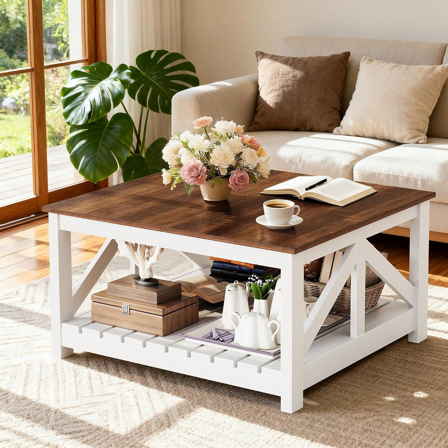31.5″ Square Farmhouse Coffee Table with Storage, Brown and White | Center Table