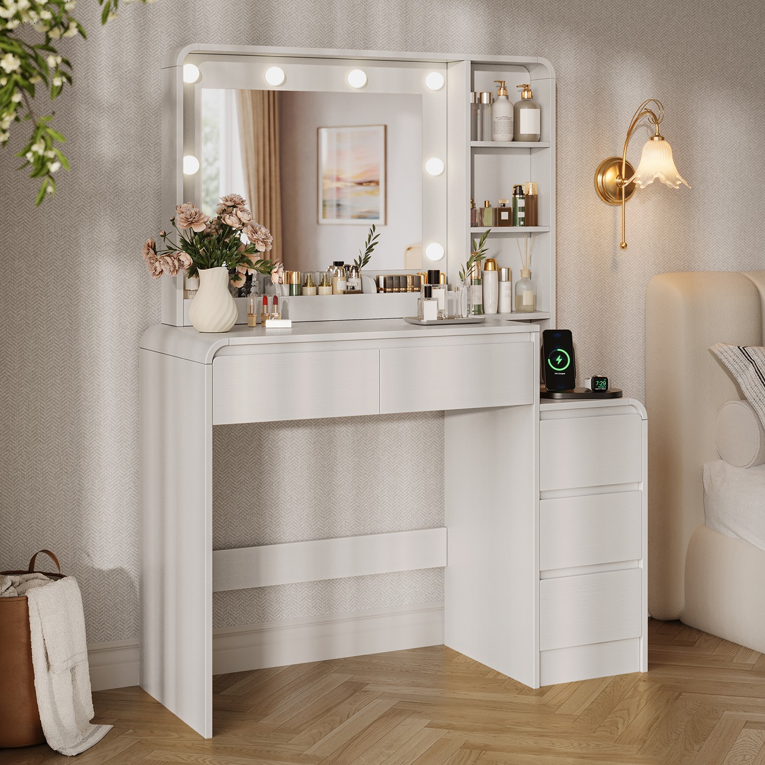 Vanity Desk w/ Mirror and Lights, Makeup Vanity Table w/ Large 5 Drawers