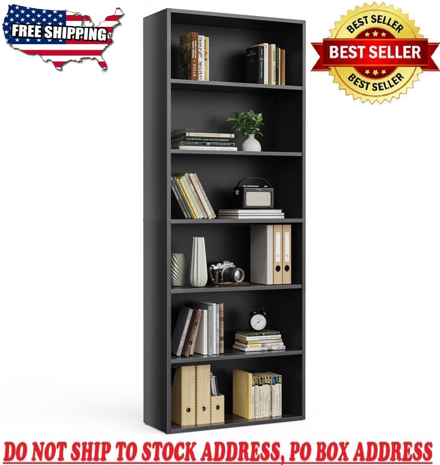 Bookshelf 6 Tier Storage Shelf Adjustable Bookcase Open Wood Magazine Organizer