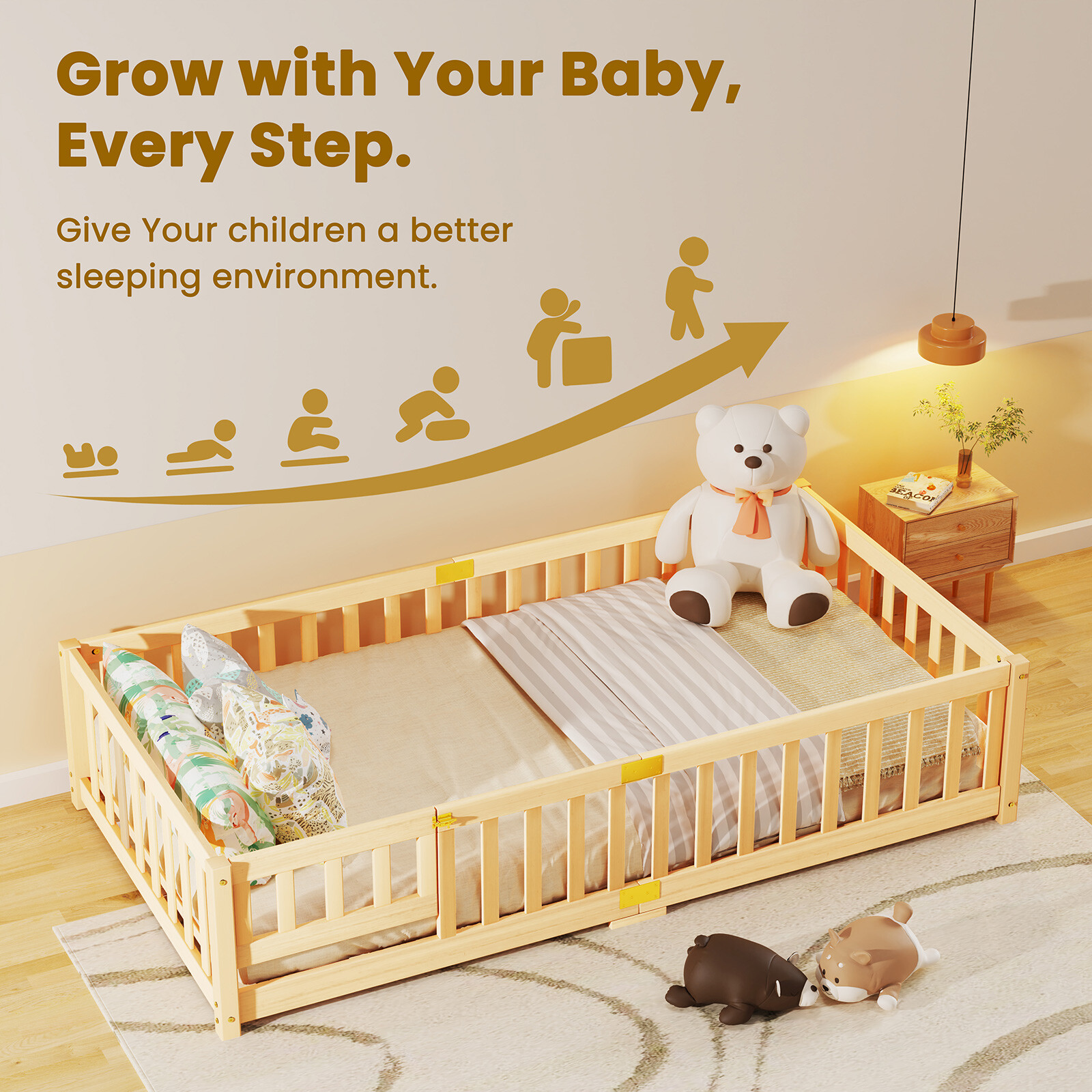 H&ZT 78″Lx42″W Toddler Floor Bed, Montessori Floor Bed with Rails Lockable Door