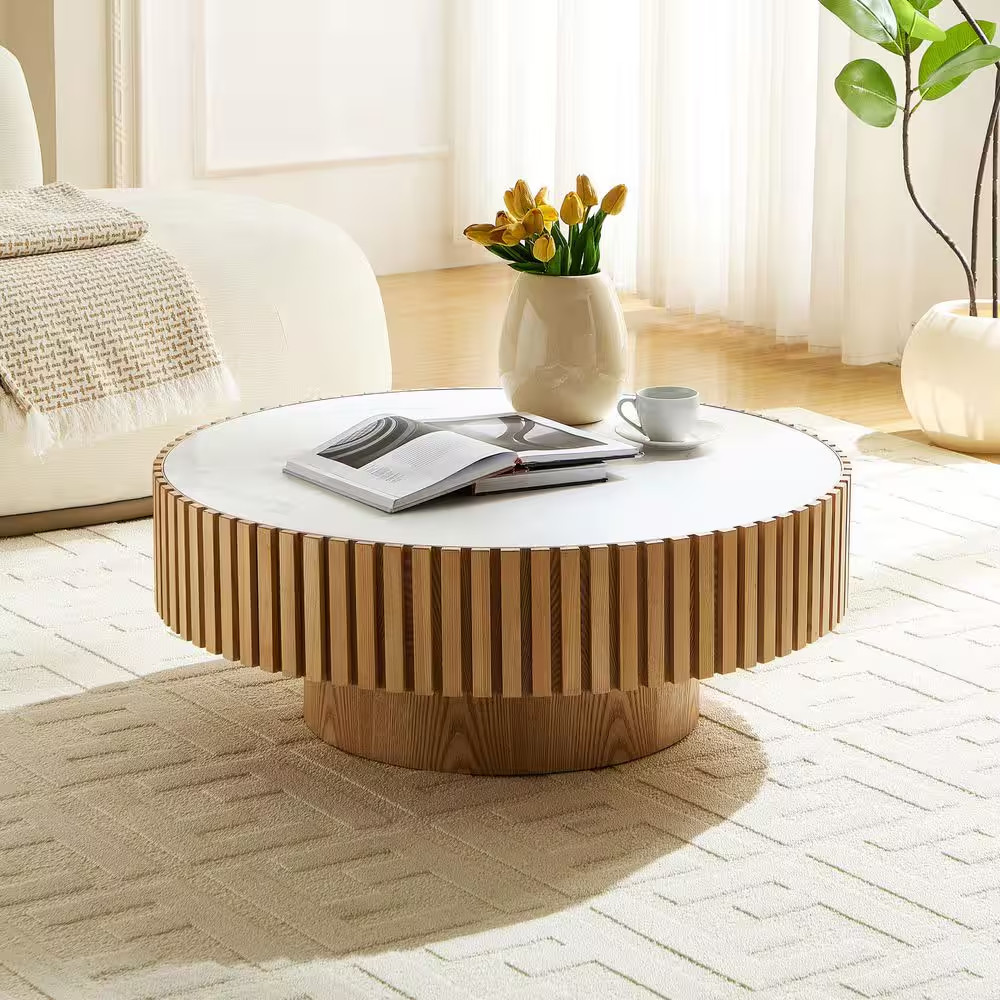 Grace Modern 35.43 In. Oak round Drum Sintered Stone Top Coffee Table