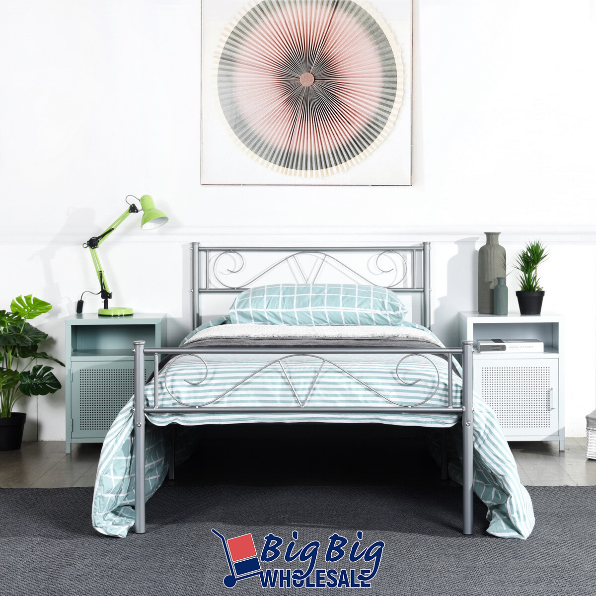Twin Size Metal Bed Frame Mattress Foundation Steel Platform Headboard Storage