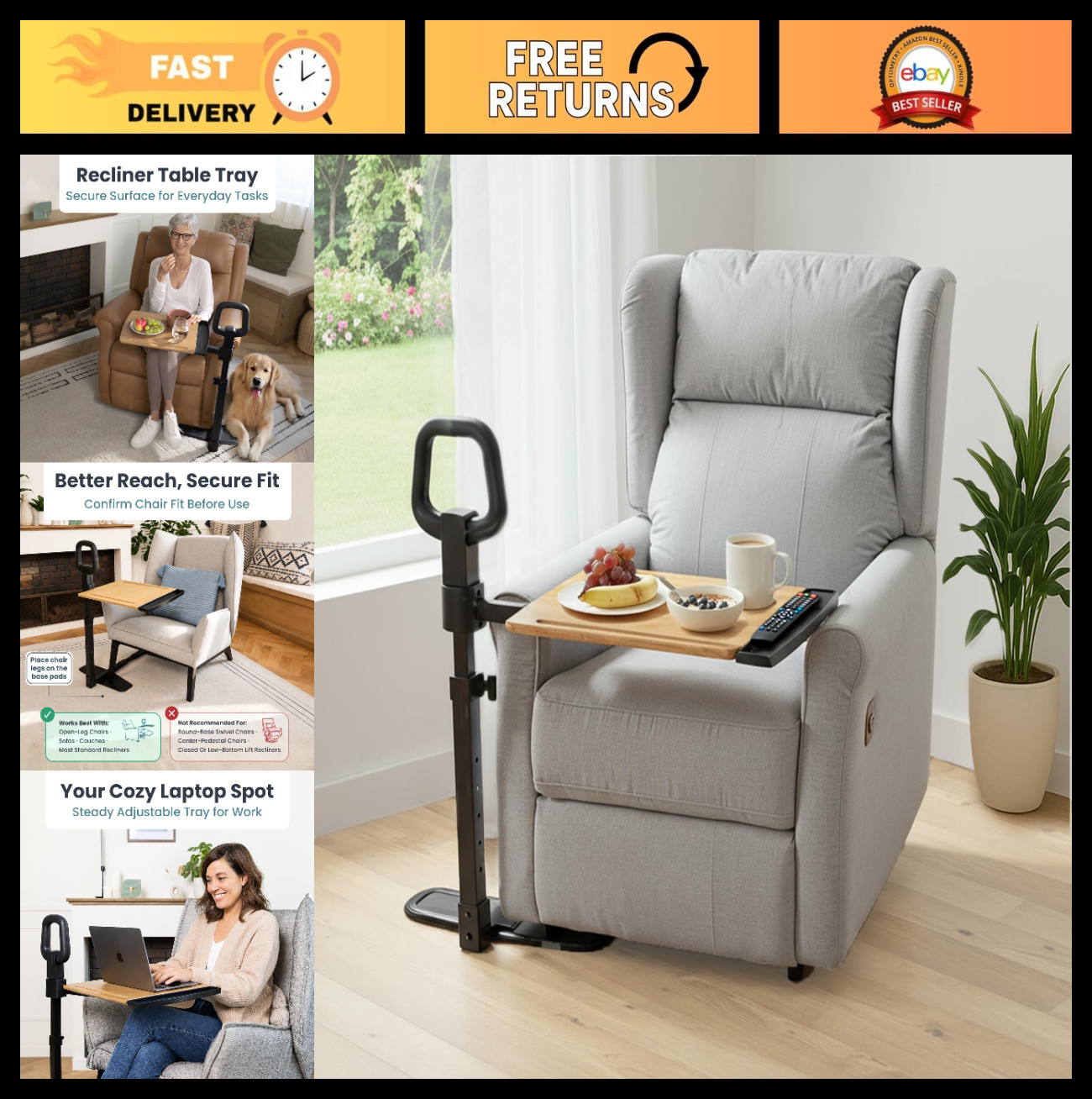 Adjustable 360° Swivel Tray Table for Recliners, X-Large Laptop & Eating Table,