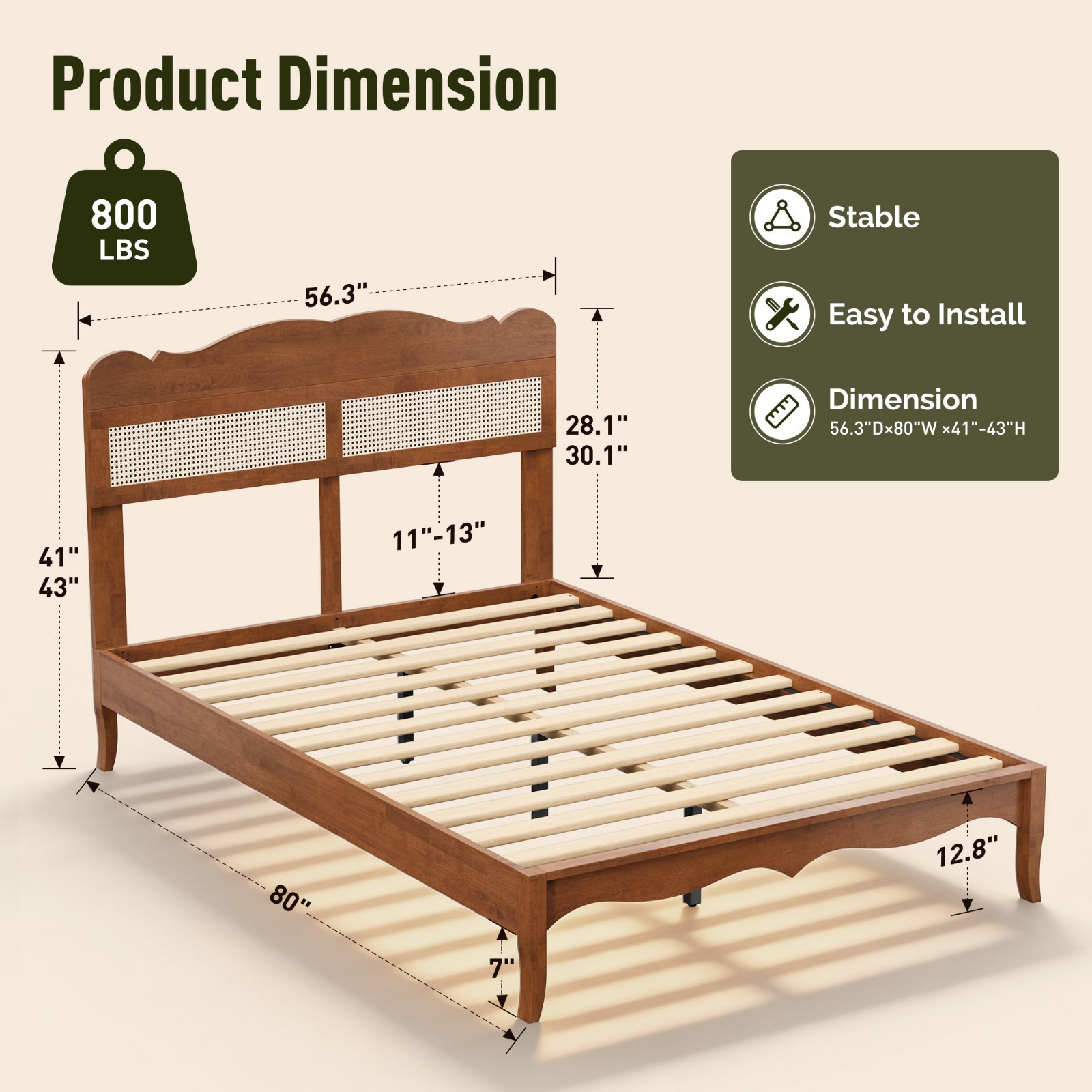 Bed Frame Solid Wood with Rattan Headboard Adjustable Full Queen King Size