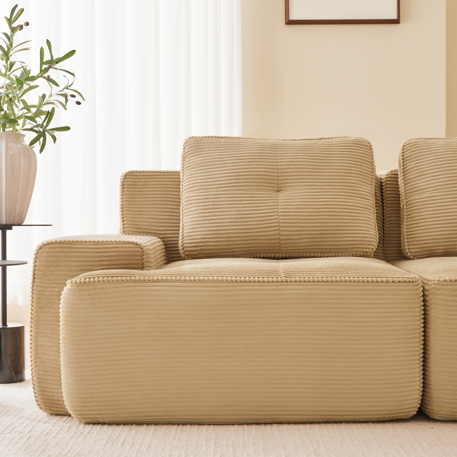 117 Inch Modern L Shaped Corduroy Sofa Camel 3 Seat Deep Plush Comfy Couch