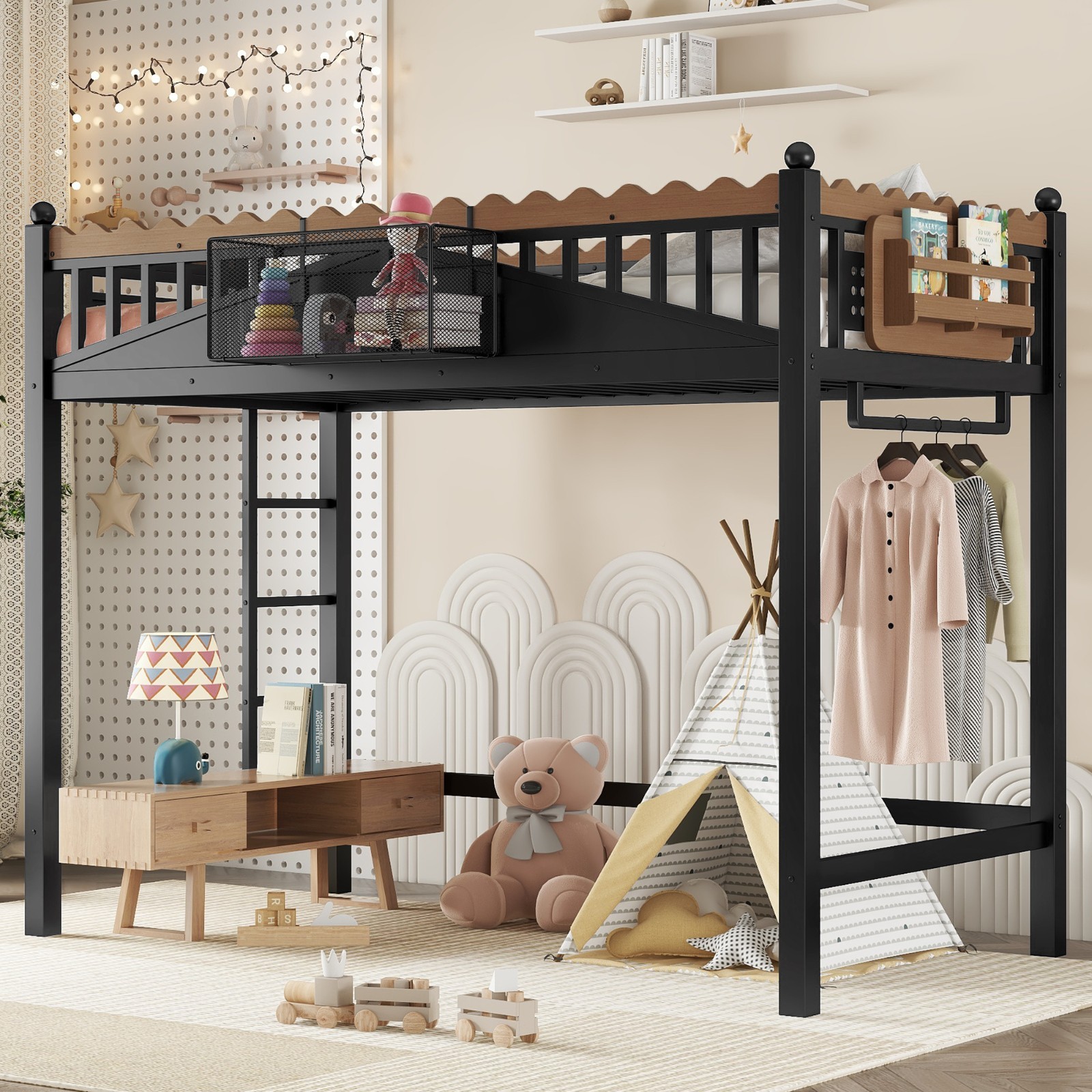 Twin XL Size Metal Loft Bed with Ladders, Storage Shelves and Bookshelf Black