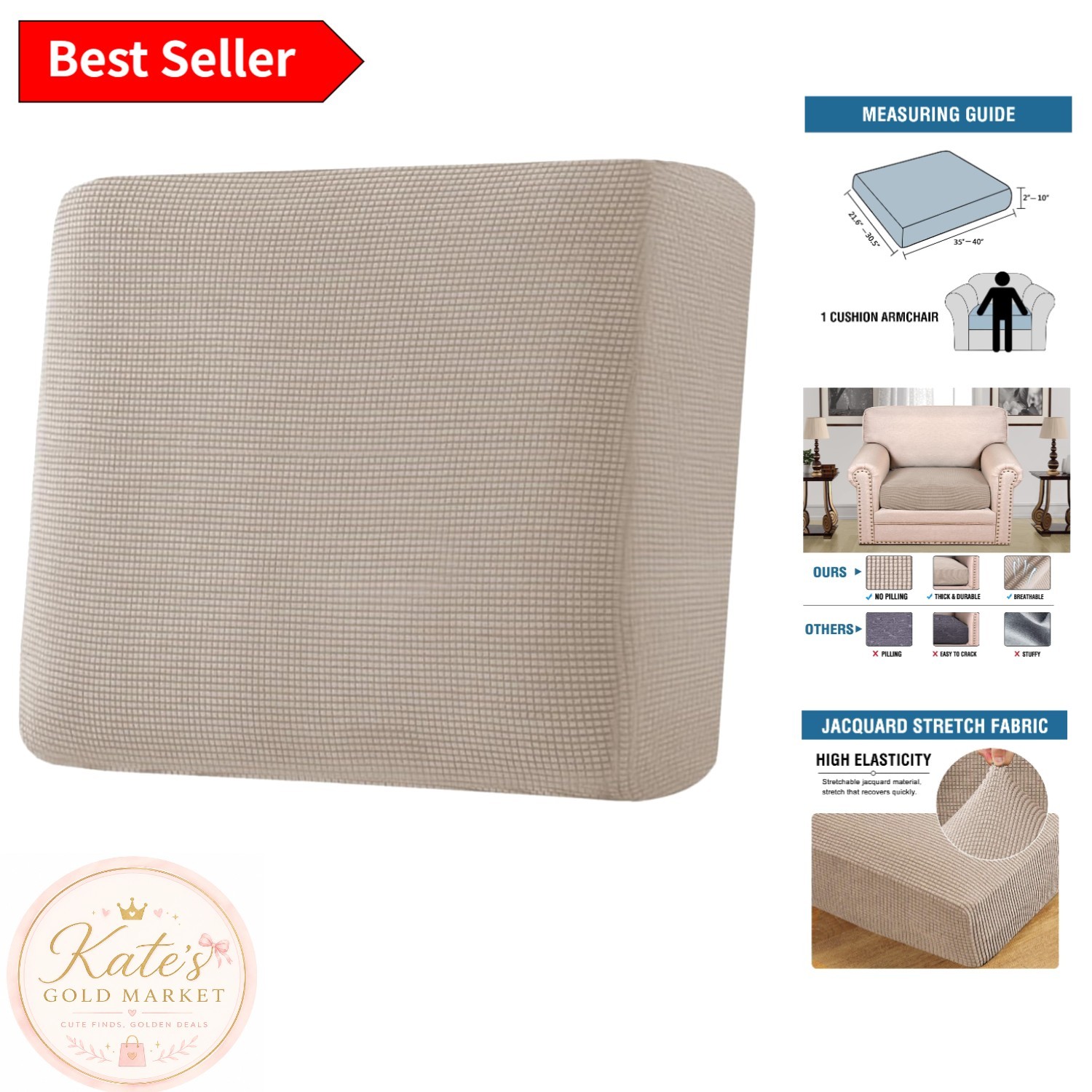 Stylish Elastic Slipcover for Chairs – Sand Jacquard Fabric 30.5×40 Dimensions