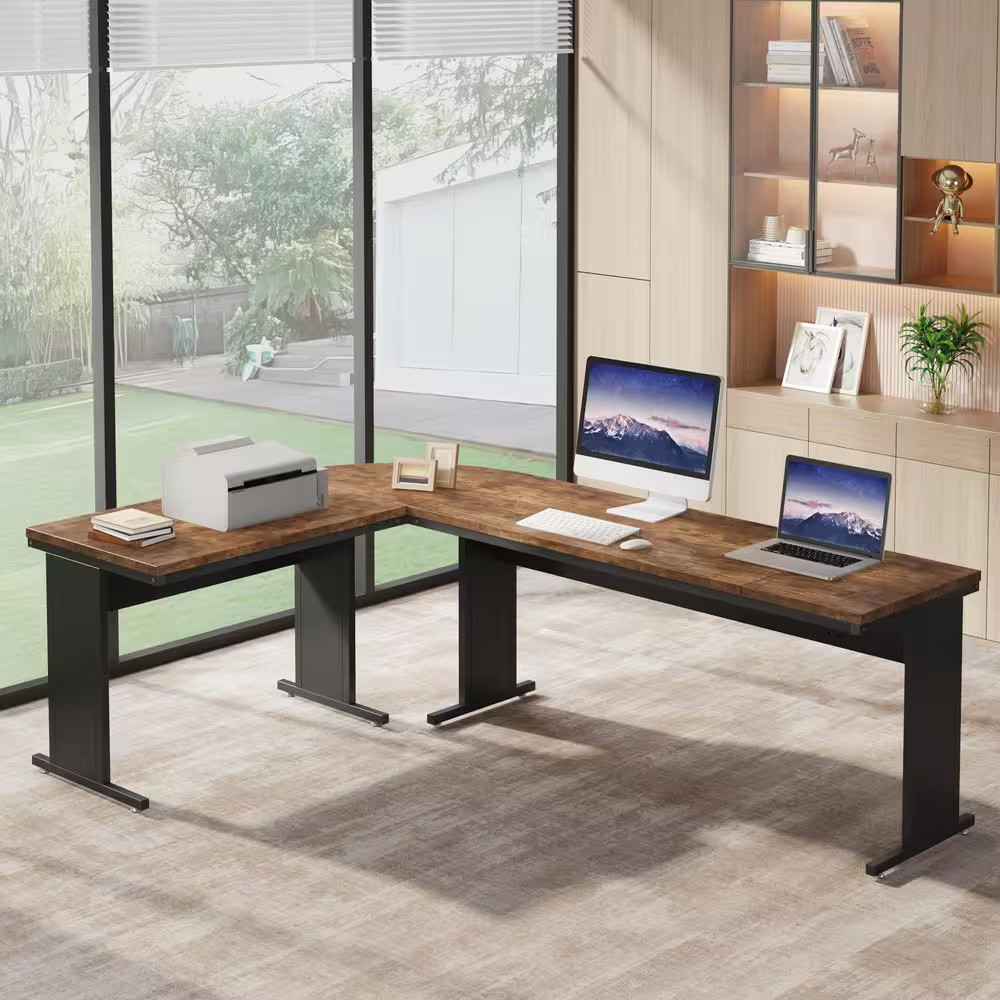 Capen 83 In. L-Shaped Wood Brown Computer Desk Reversible Executive Office Desk
