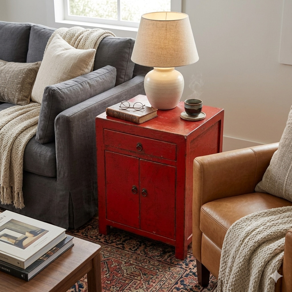Distressed Rustic Rough Bright Red Drawer Small End Table Nightstand GB599