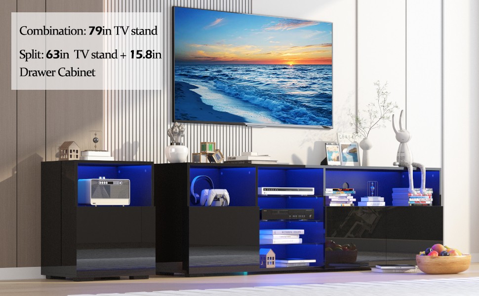 79IN LED TV Stand for 75/80/85inch TV,High Glossy Modern TV Stand for Living