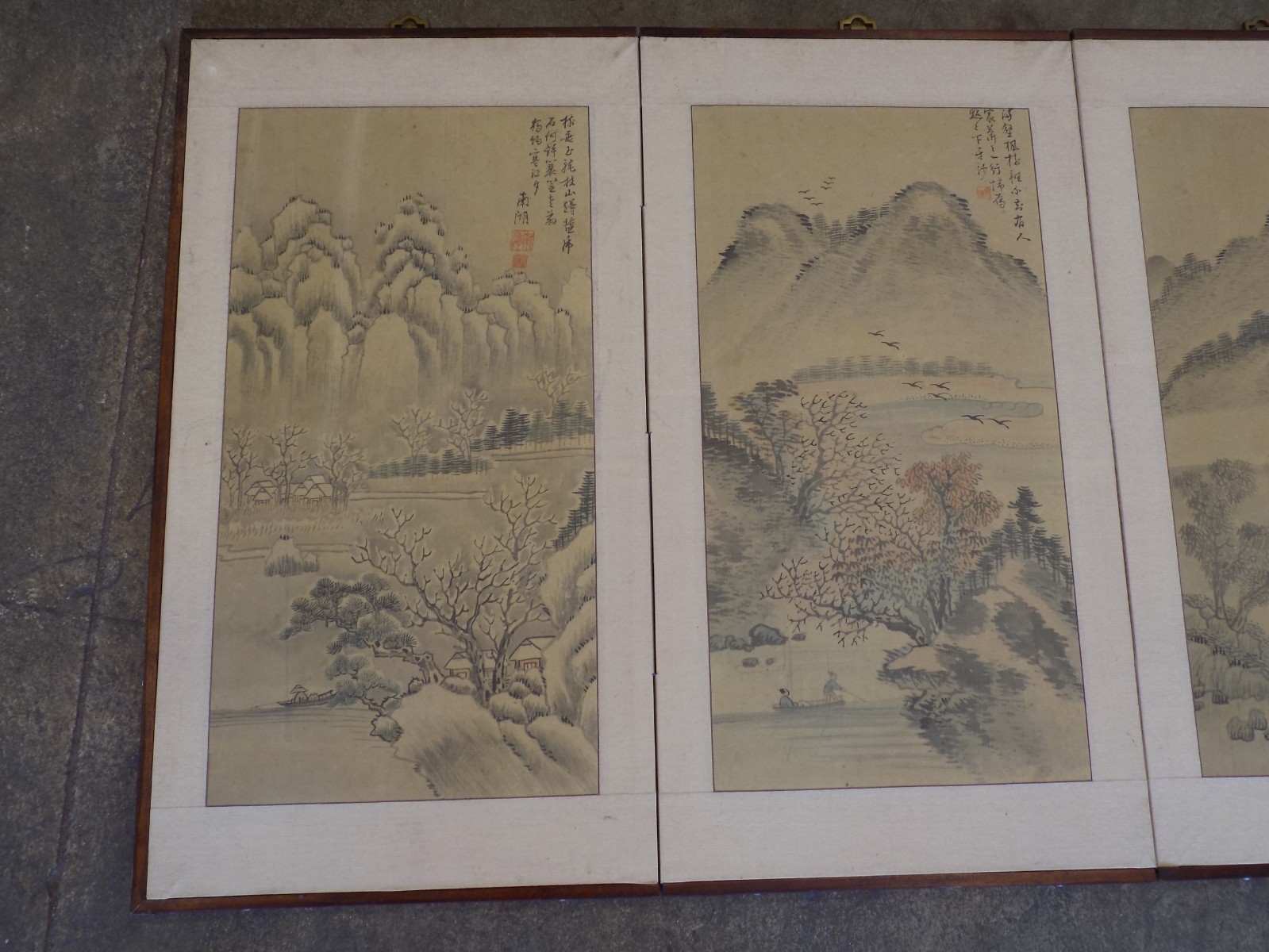Vintage Hand Painted Asian Landscape 4 Panel Folding Screen Room Divider