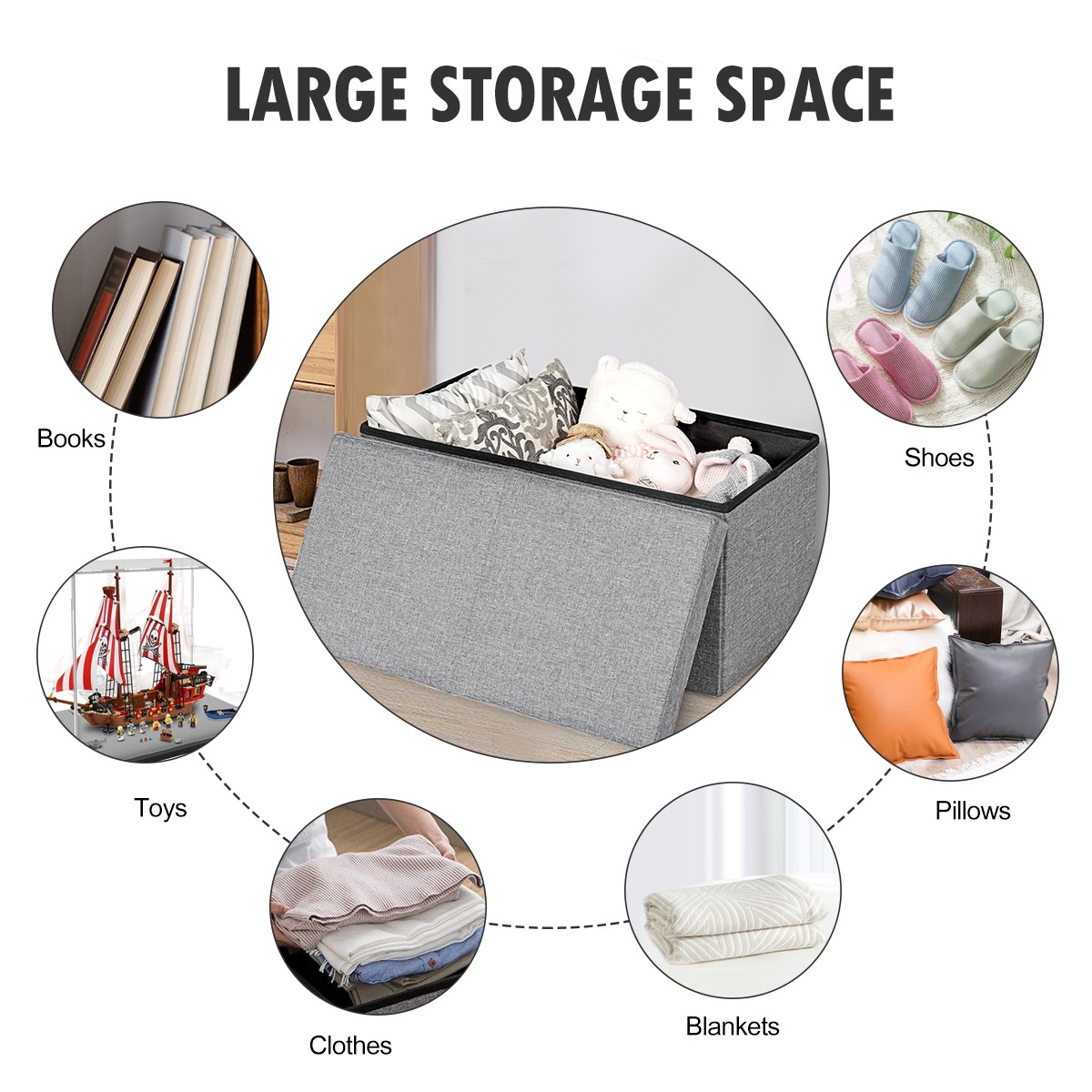 30″ Folding Storage Ottoman W/Lift Top Bed End Bench 80L Capacity Light Grey