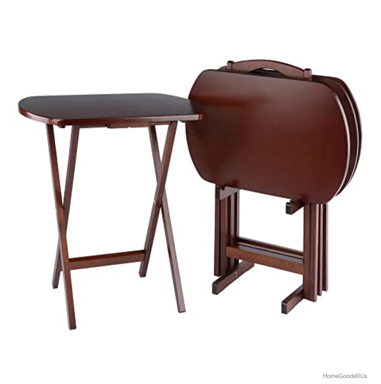 TV Tray Set 4 Tables Antique Walnut Folding Storage Stand Oblong MDF Top Wood
