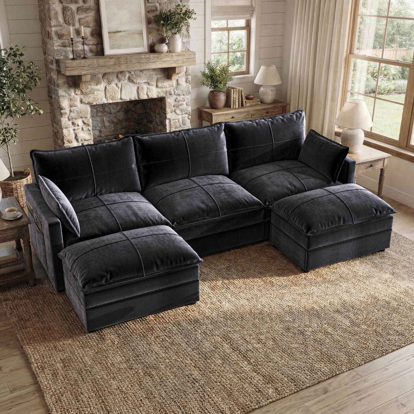 U Shaped Sofa with Removable Washable Covers, Deep Seat Cloud Couch for Bedroom