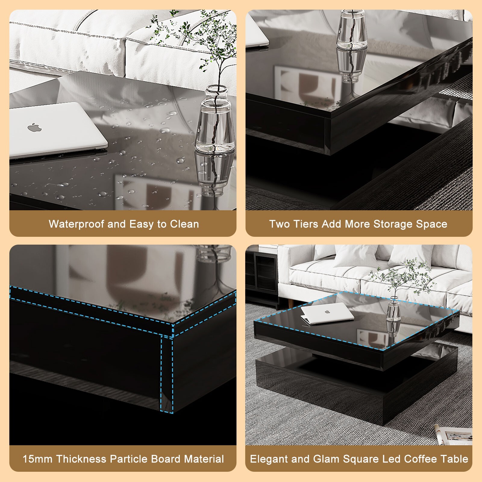 Square Coffee Table with LED Lights High Gloss Center Cocktail Table 2-Tier Whit