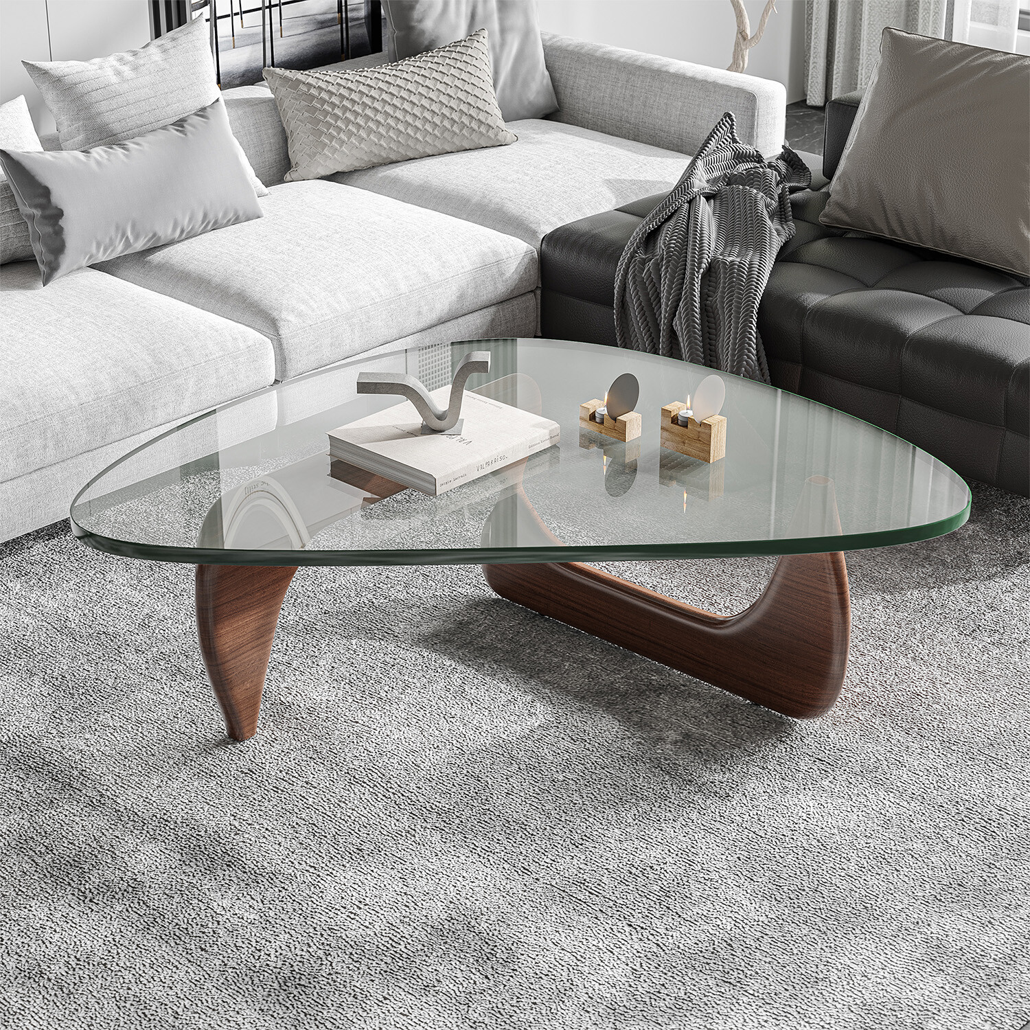 Mid-Century Modern 0.8″ Glass Coffee Table Vintage Noguchi Table Solid Wood Base