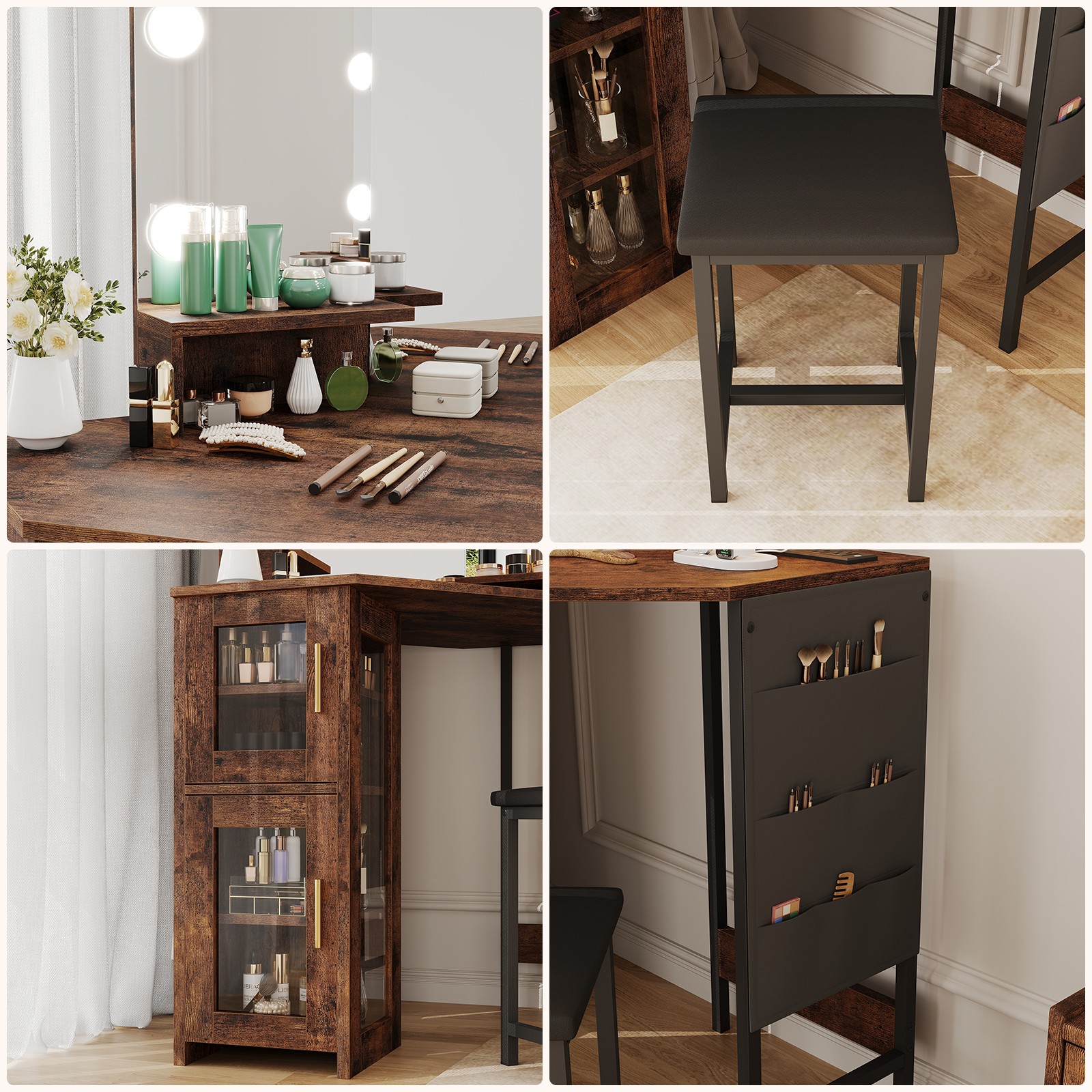 Corner Vanity Desk and Stool, Corner Makeup Vanity with LED Lighted Mirror