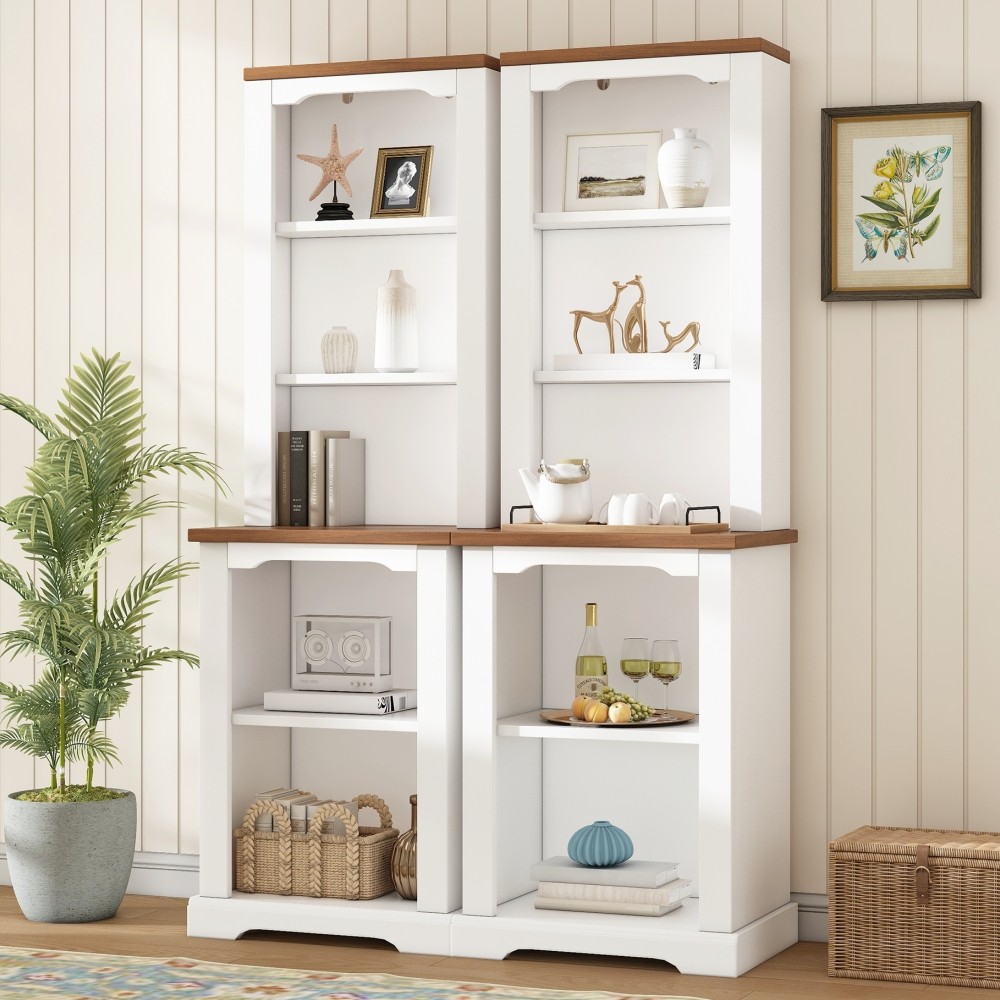 Two-Piece Elegant Freestanding Tall Cabinet with Fully Open Storage