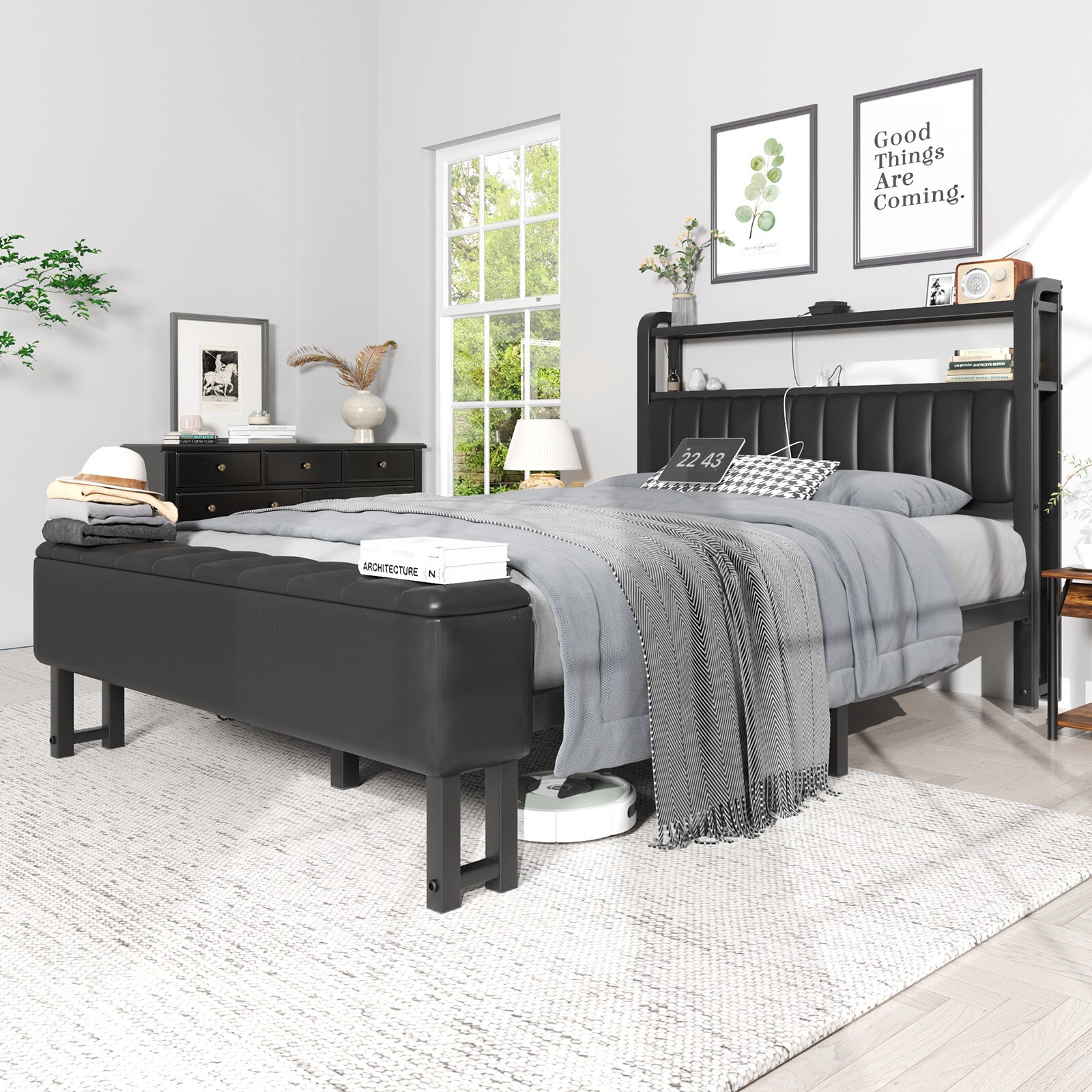 Upholstered Full/Queen Bed Frame with Starry Sky Lights＆Multifunctional Storage