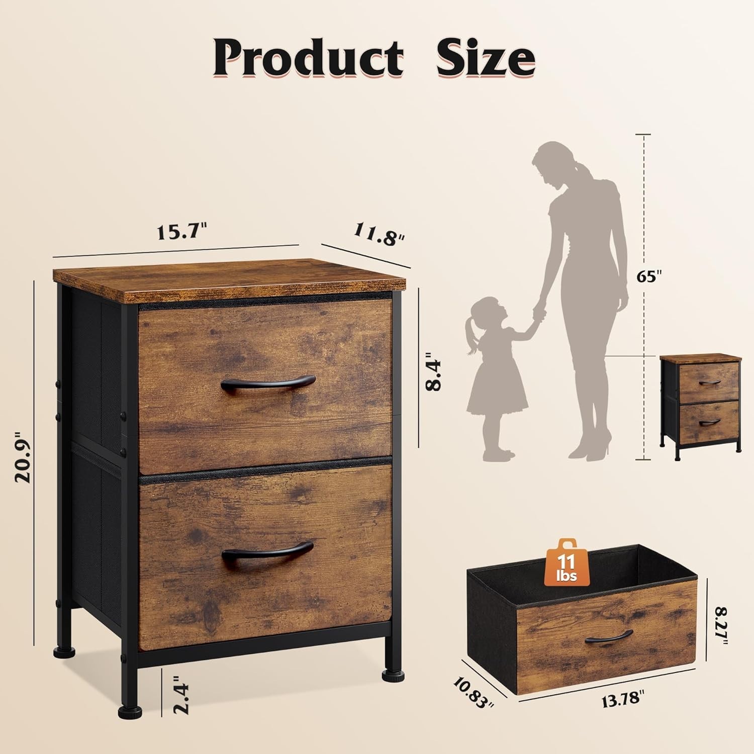 2-Drawer Night Stand with Rustic Brown Finish and Easy Assembly Instructions